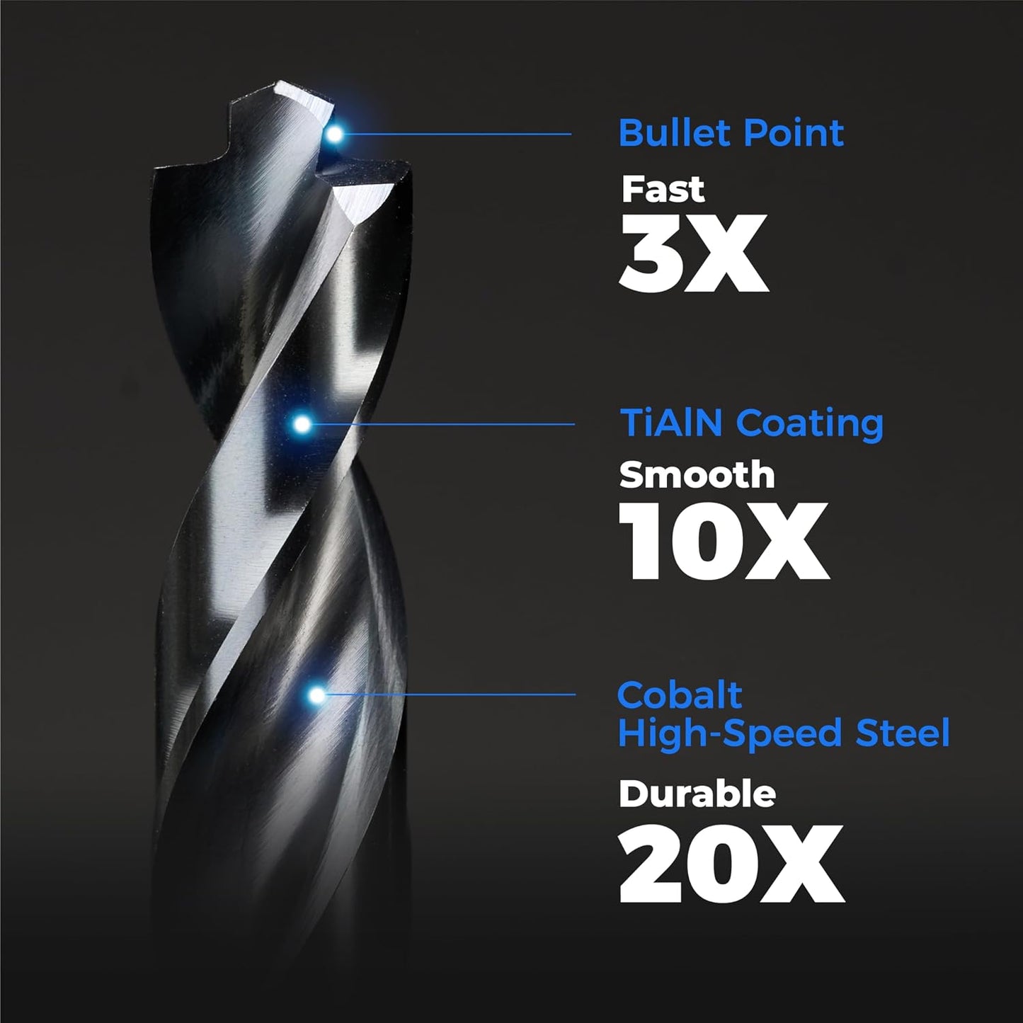 toolant Cobalt Drill Bit Set for Metal and Steel (Pro), Titanium Aluminum Nitride Coated (TiAlN) with Bullet Point Tip, for Hardened Metal, Stainless Steel, 21pcs 1/16"-1/2"