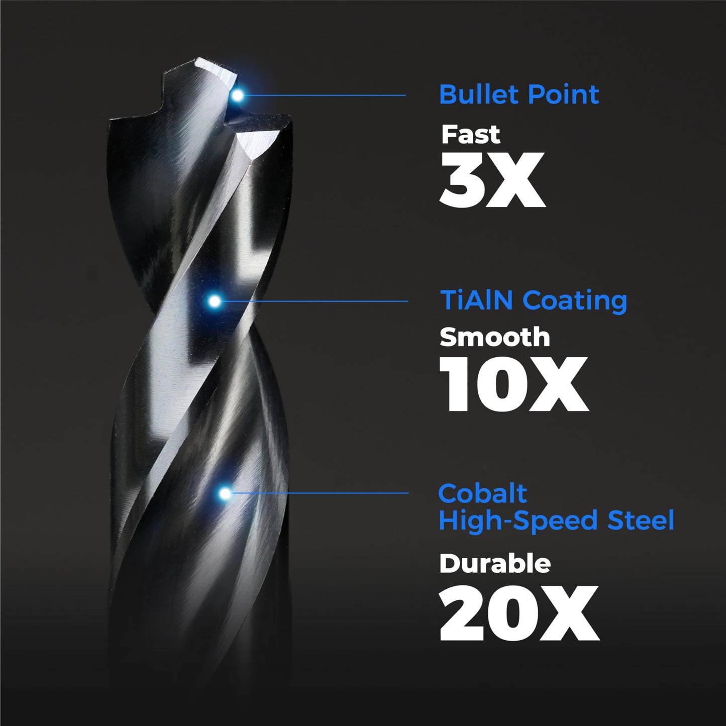 toolant 3/8" Cobalt Drill Bit Set(Pro) Titanium Aluminum Nitride Coated (TiAlN) with Bullet Point Tip, 5-Piece Bulk