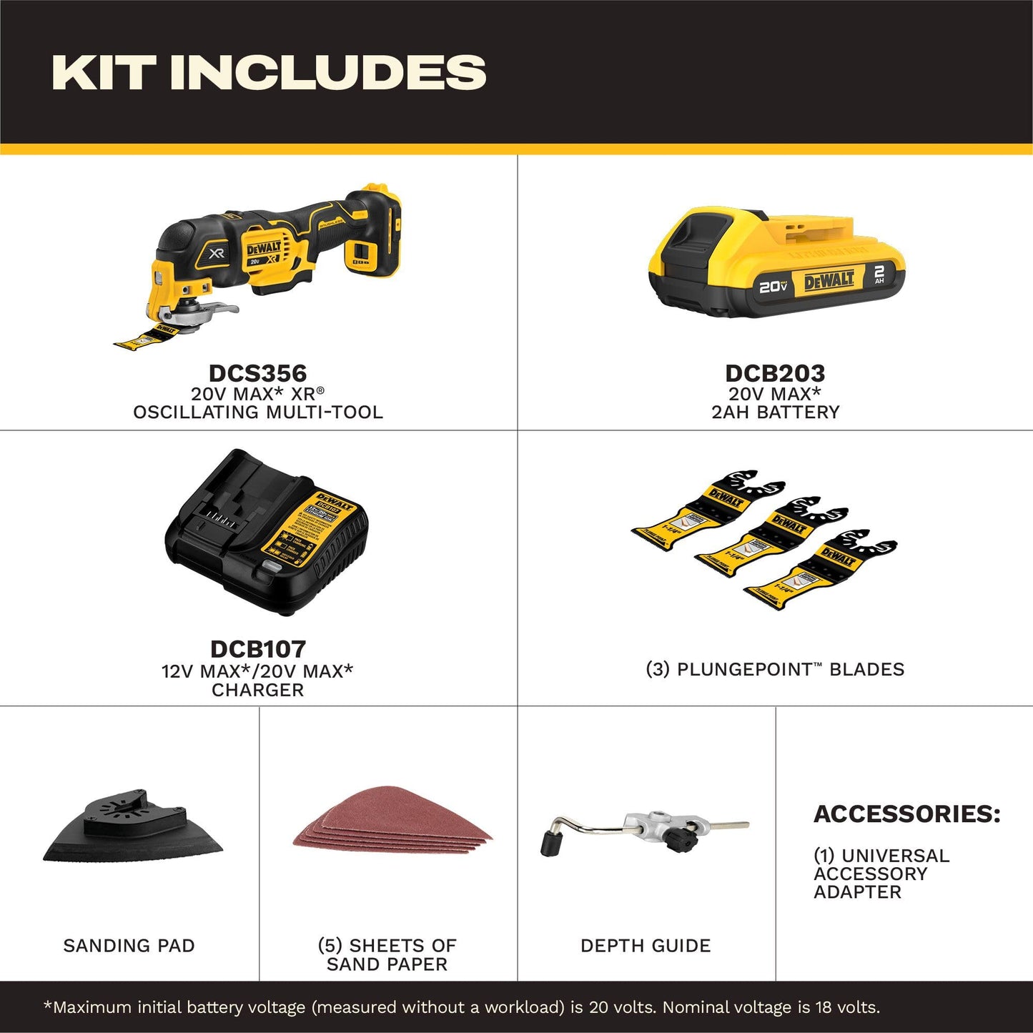 DEWALT 20V MAX XR Oscillating Tool Kit with Blades, 3 Speed Cordless Brushless Multitool, Up to 20,000 OPM, LED Light, Battery and Charger Included (DCS356C1)
