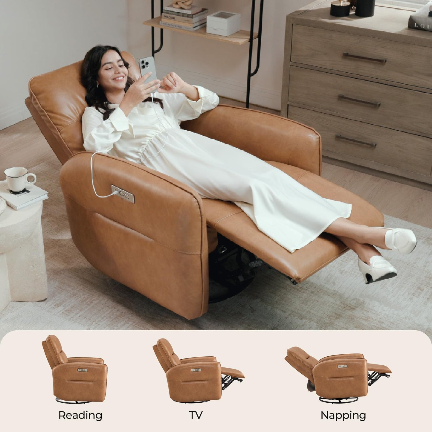 CHITA Faux Leather Power Recliner Chair, Swivel Glider Recliner for Adults, Nursery Rocking Chair with USB & Type-C Charging for Living Room, Bedroom, Creamy Grey