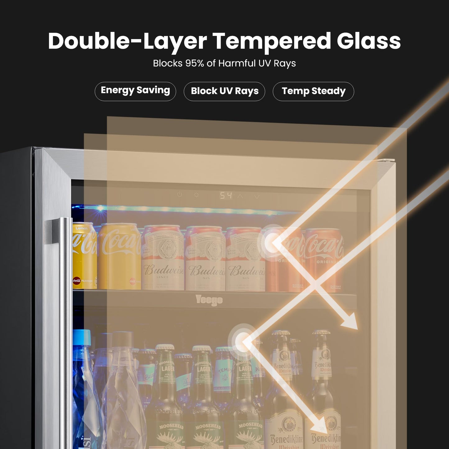 Yeego 24-Inch Beverage Refrigerator, Built-In or Freestanding Beverage Cooler, Up to 180 Cans, Glass Door Mini Fridge for Soda, Beer, Water & Wine (Left-Hinged)