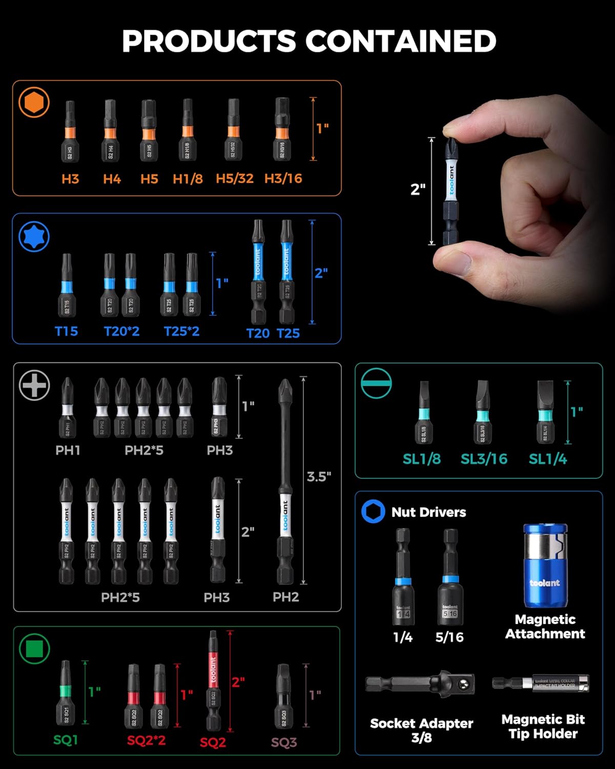 toolant Complete impact driver Bit Set, 40-Piece S2 Steel Impact Bits Set with Magnetic Holder & Storage Case – Hex, Torx, Phillips, Slotted, Square – for Home DIY, Appliance Repair, Beginner-Friendly