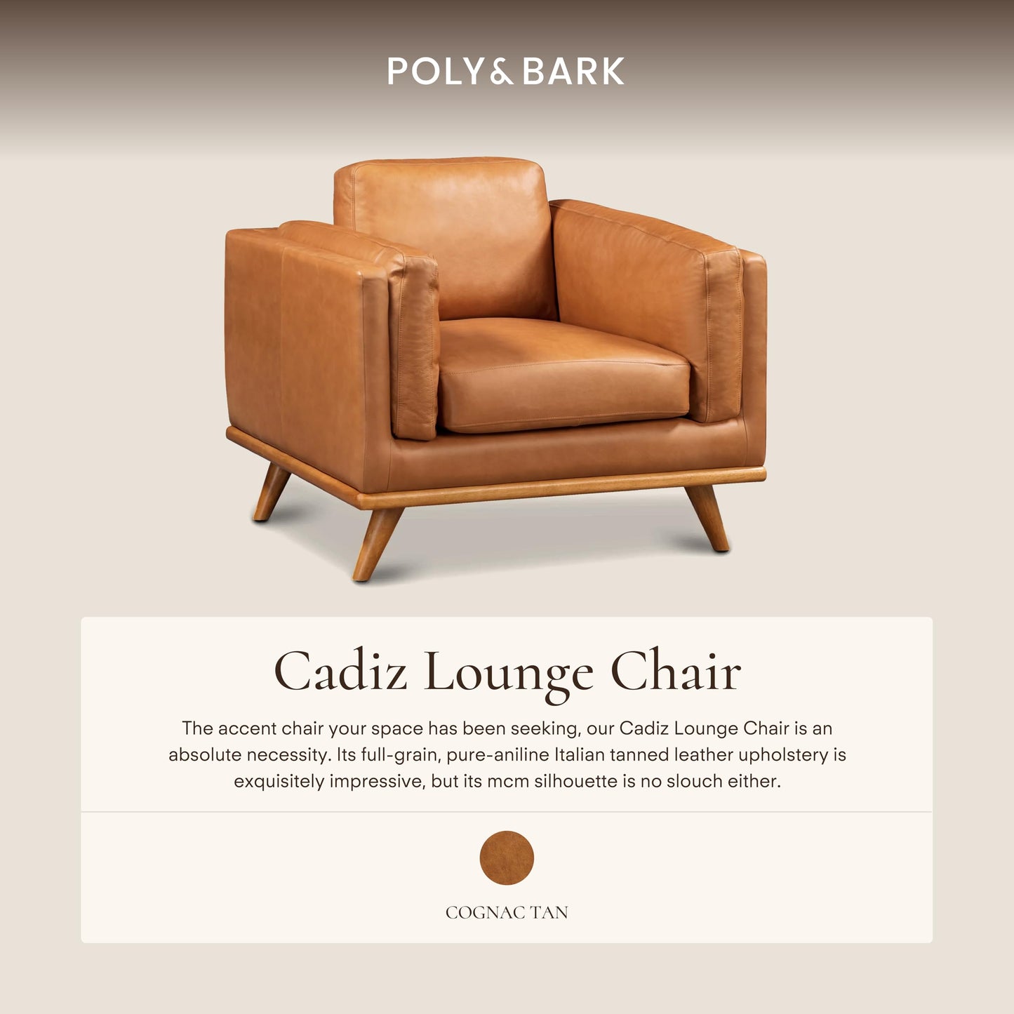 Poly & BARK Mateo Leather Lounge Chair – Cognac Tan Full-Grain Leather Upholstery – Modern Upholstered Accent Chair for Living Room or Bedroom – Indoor Lounge Seating with Timeless Comfort