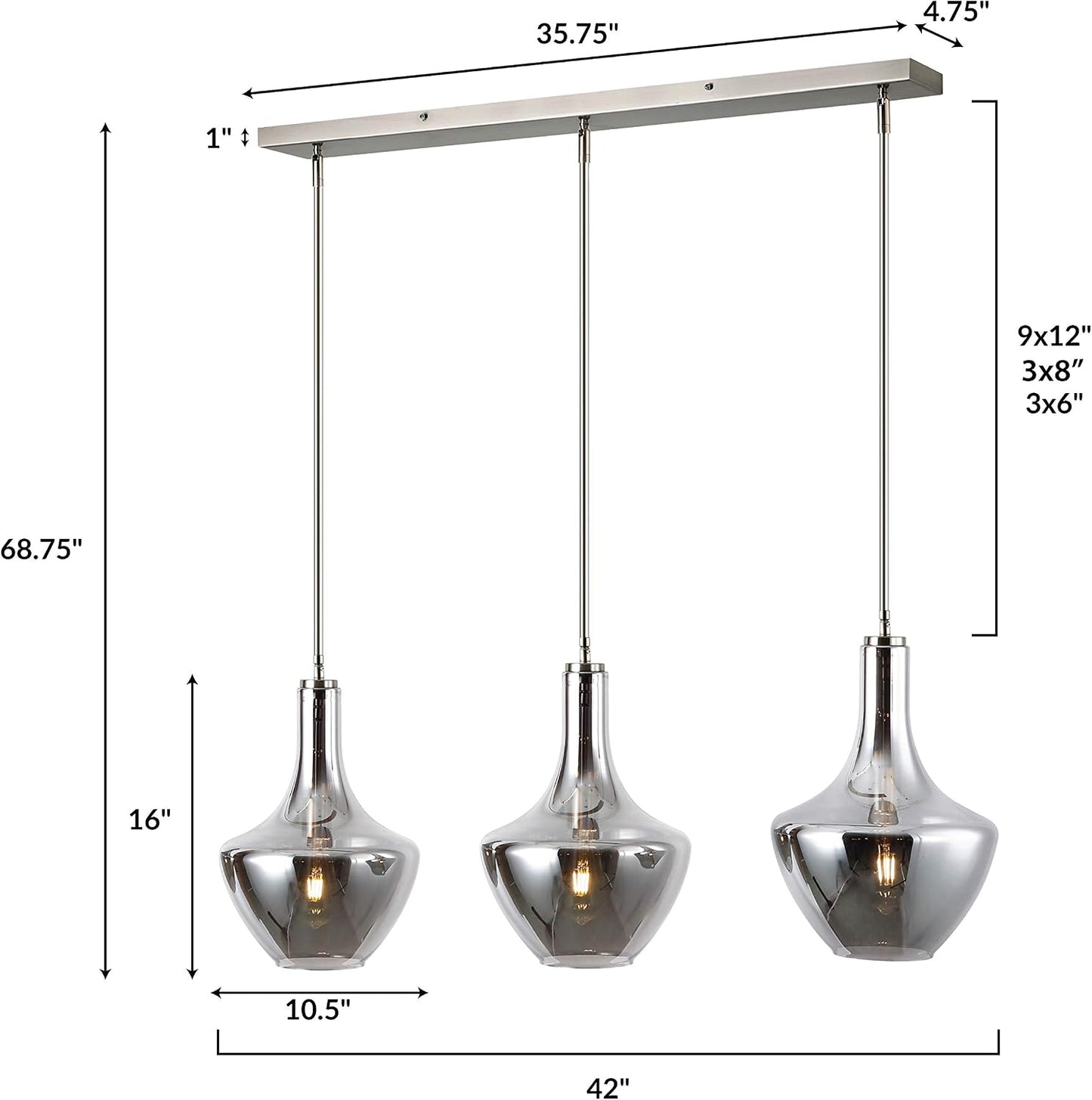 Light Society Modena 3-Light Island Light, Chrome Glass with Satin Nickel Finish, Contemporary Mid Century Modern Style Lighting Fixture