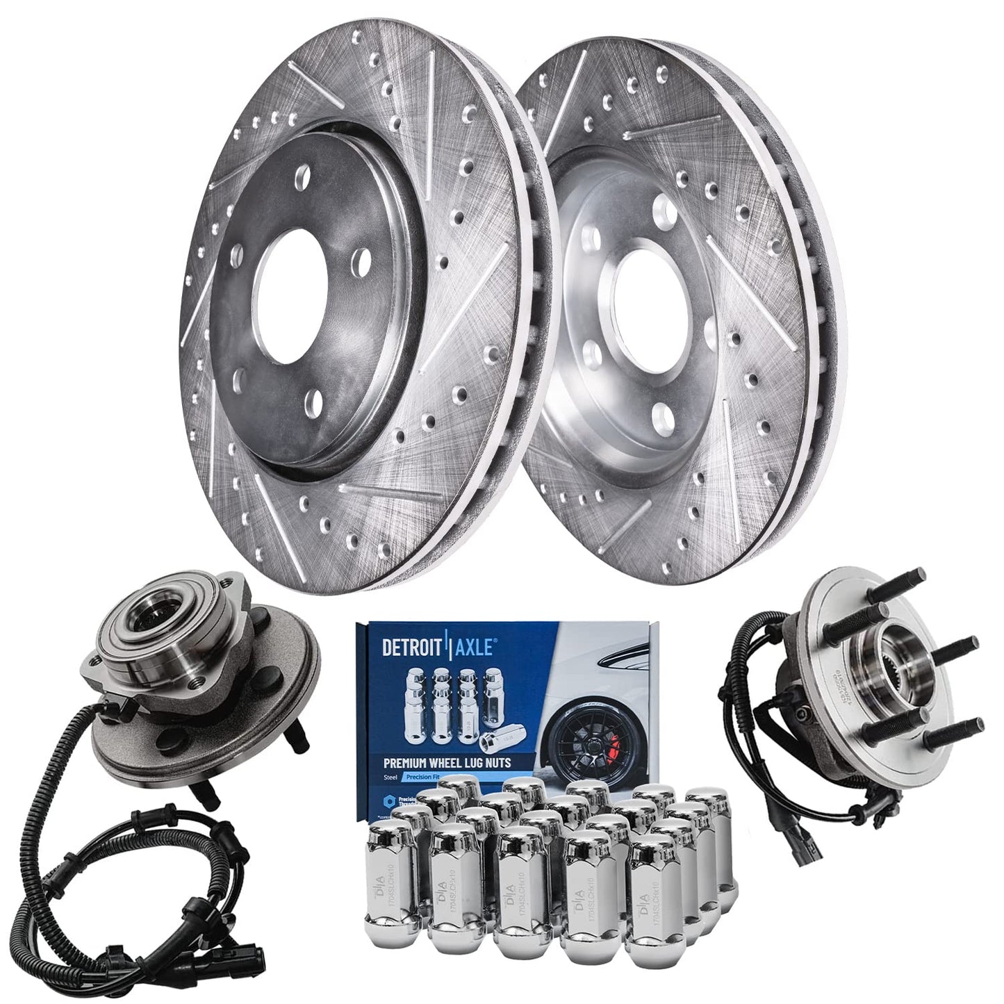 Detroit Axle - Brake Kit for 2006-2018 Dodge Ram 1500 2007-2009 Durango Chrysler Aspen 2019-2024 Ram 1500 Classic, Drilled Slotted Brake Rotors and Ceramic Brakes Pads w/Hardware Replacement