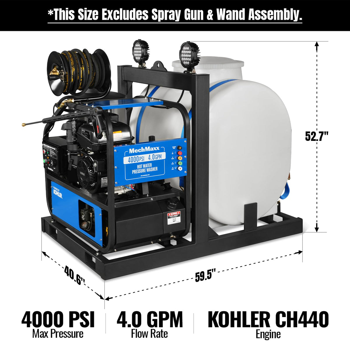 MechMaxx 4000 PSI 4 GPM Kohler E-Start Engine Hot Water Pressure Washer Skid Mounted with 245 Gal Tank, Model HPW40KBT