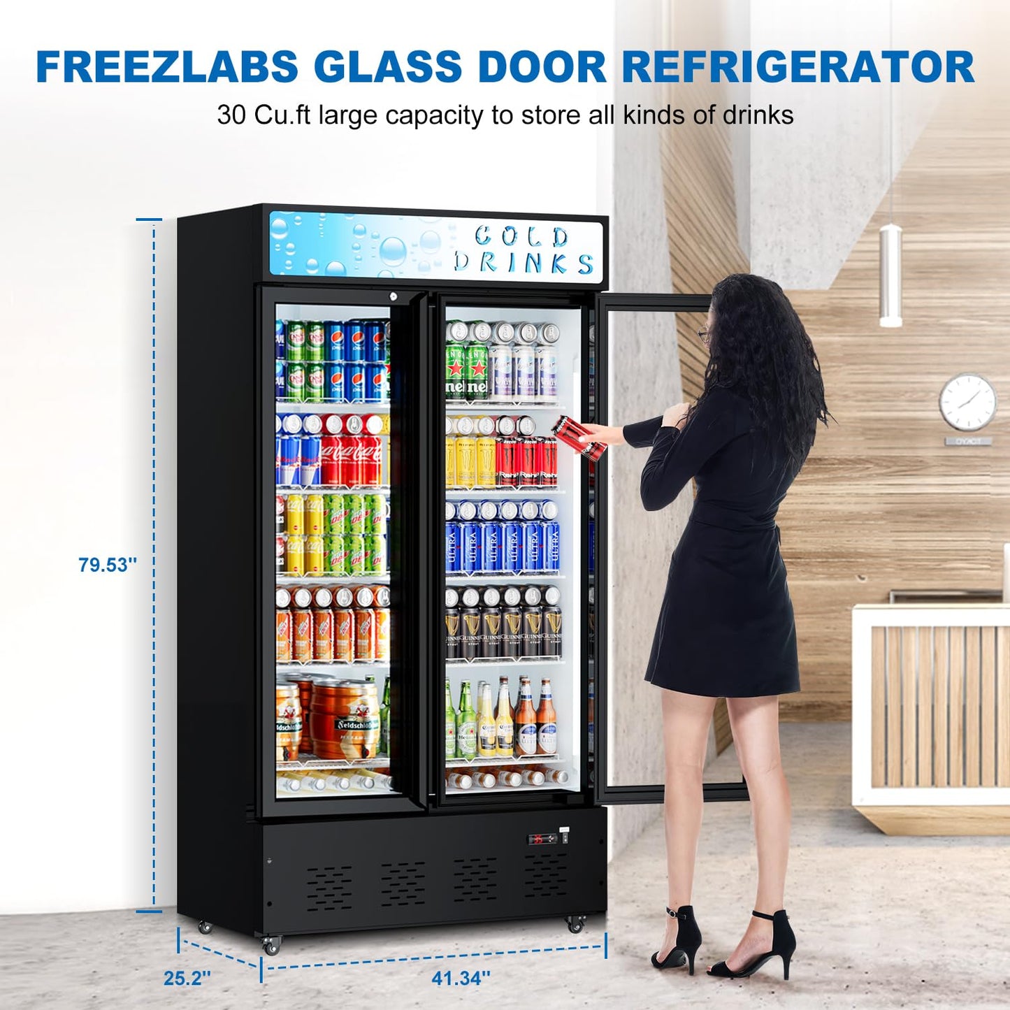 25.7'' W Commercial Refrigerators with Glass Door, 15 Cu.ft. Beverage Refrigerators Commercial Fridge Upright Display Cooler with Soft LED Light and Adjustable Shelves for Restaurant Stores