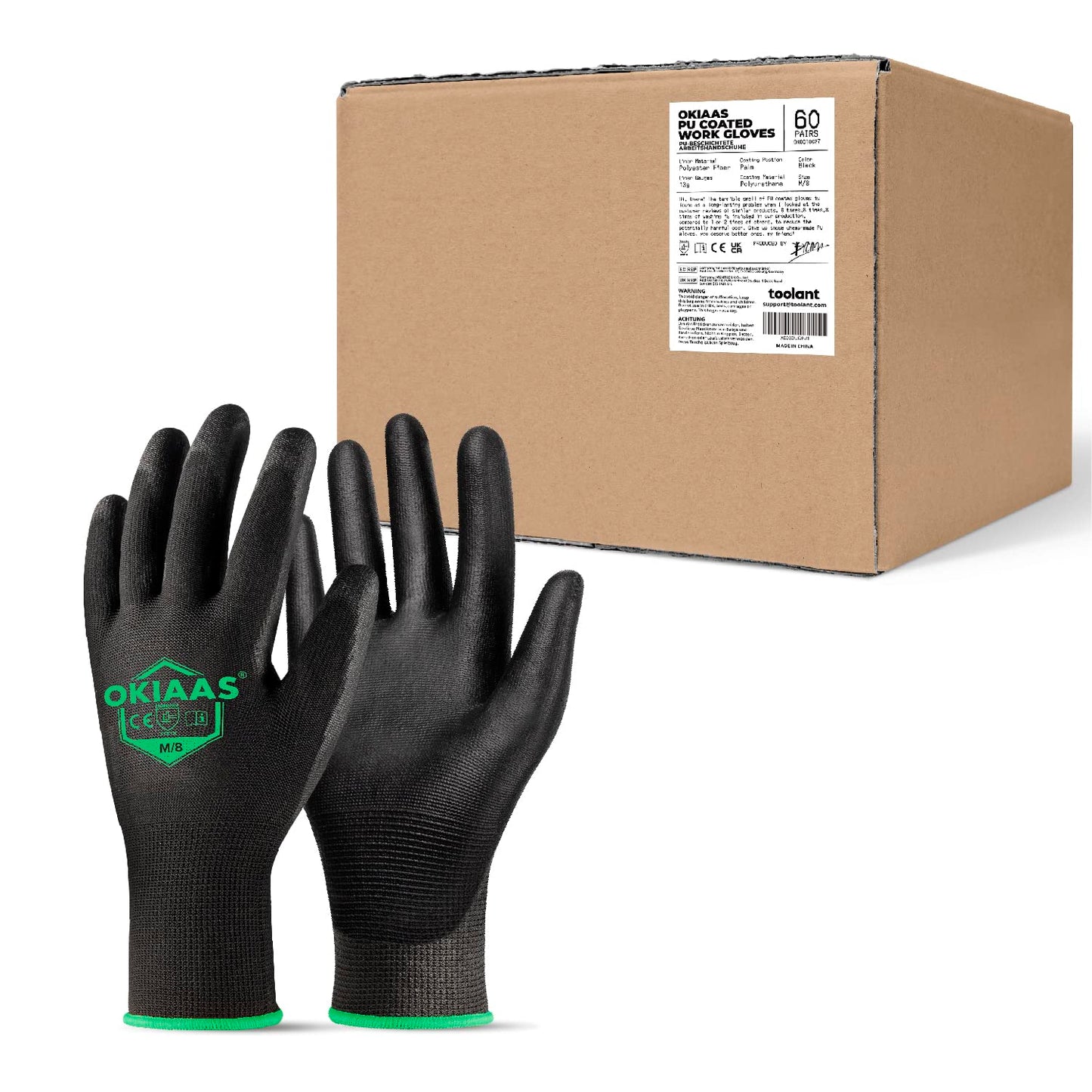 OKIAAS Work Gloves for Men,Ultra Thin and Lightweight Working Gloves with Grip,12 Pairs Bulk Pack Construction Gloves with Polyurethane Coating,Safety Gloves for Light Duty Work (Black, Large)
