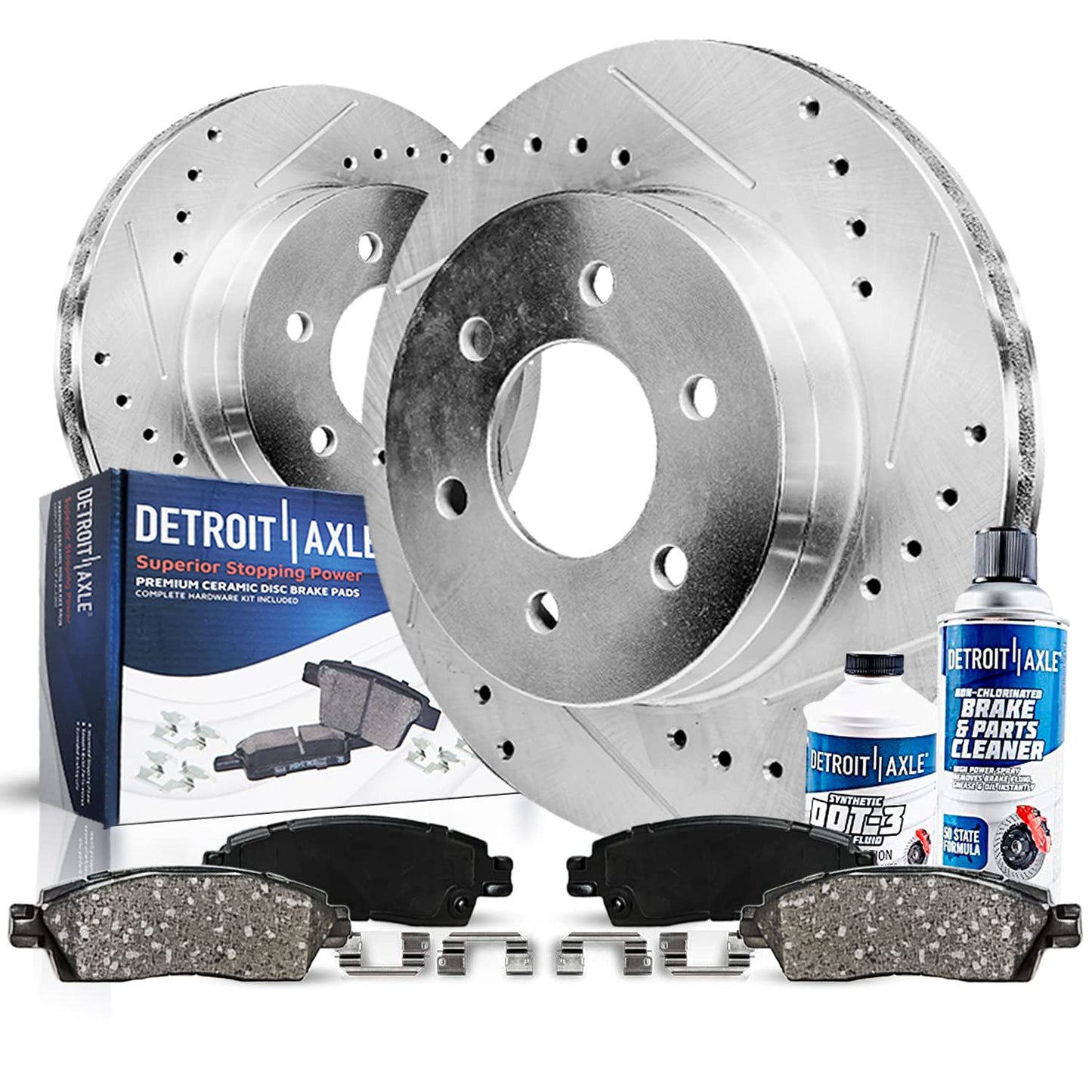 Detroit Axle - Front Brake Kit for Chevy GMC Silverado Suburban Sierra Savana Express 1500 Tahoe Yukon XL Cadillac Escalade ESV EXT Drilled Slotted Disc Brake Rotors Ceramic Brakes Pads Replacement