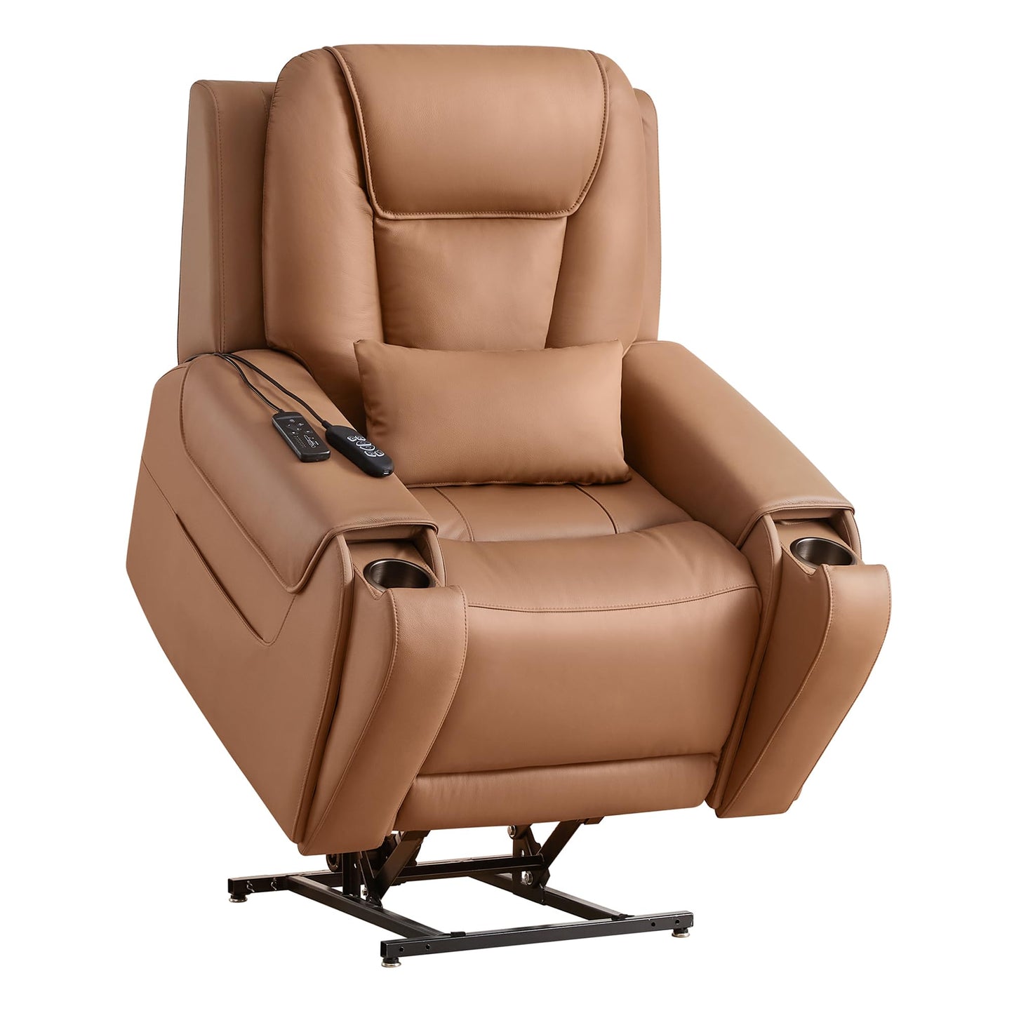 CHITA Electric Power Lift Recliner Chair for Elderly with Massage and Heat, Large Lay Flat Genuine Leather Recliner Chair with Cup Holders, USB Ports, Power Headrest, Independent Backrest, Saddle