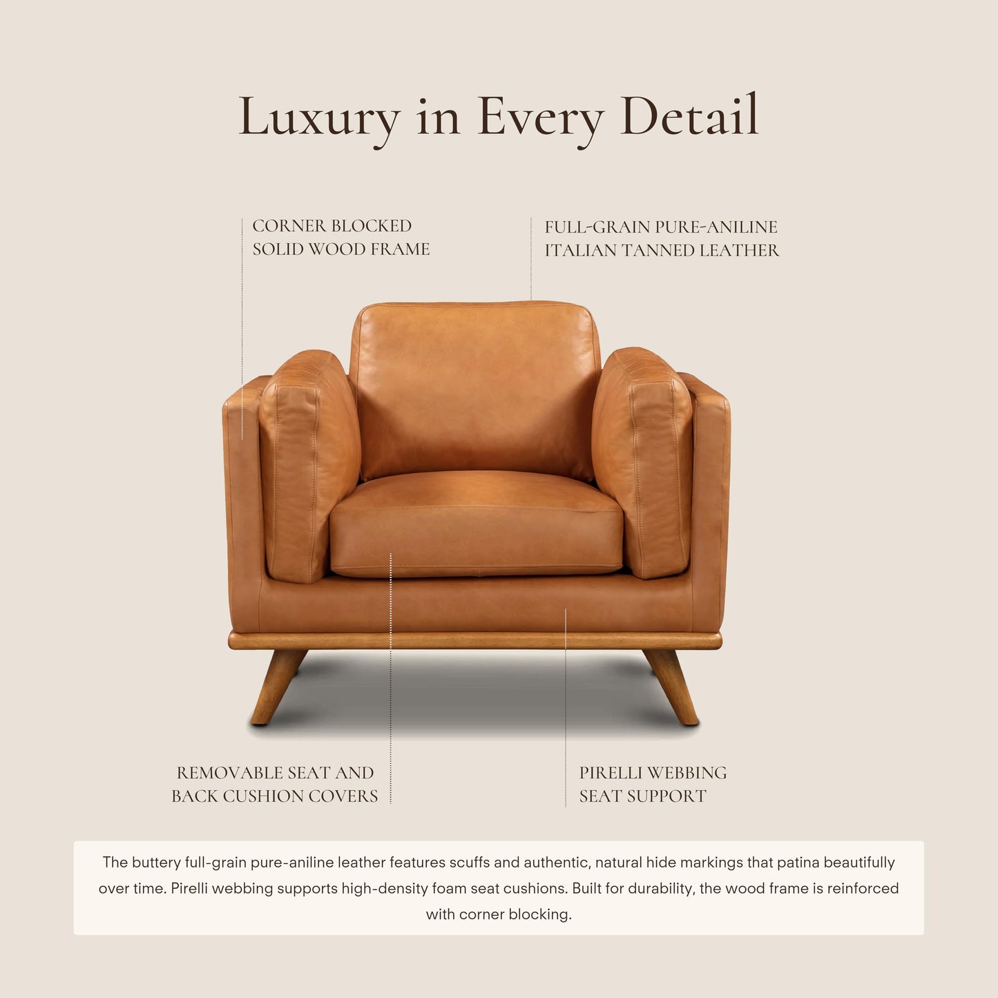 Poly & BARK Mateo Leather Lounge Chair – Cognac Tan Full-Grain Leather Upholstery – Modern Upholstered Accent Chair for Living Room or Bedroom – Indoor Lounge Seating with Timeless Comfort