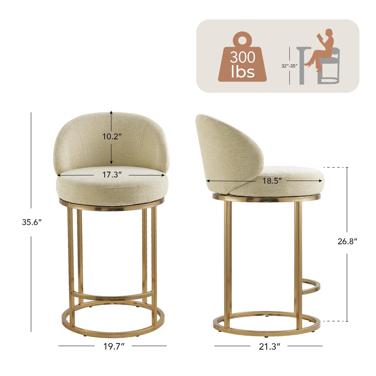 CHITA Swivel Counter Height Bar Stools Set of 3, Upholstered Bar Chairs with Backrest, Sturdy Metal Base, 26.8" Seat Height for Kitchen Island & Home Bar, Sand