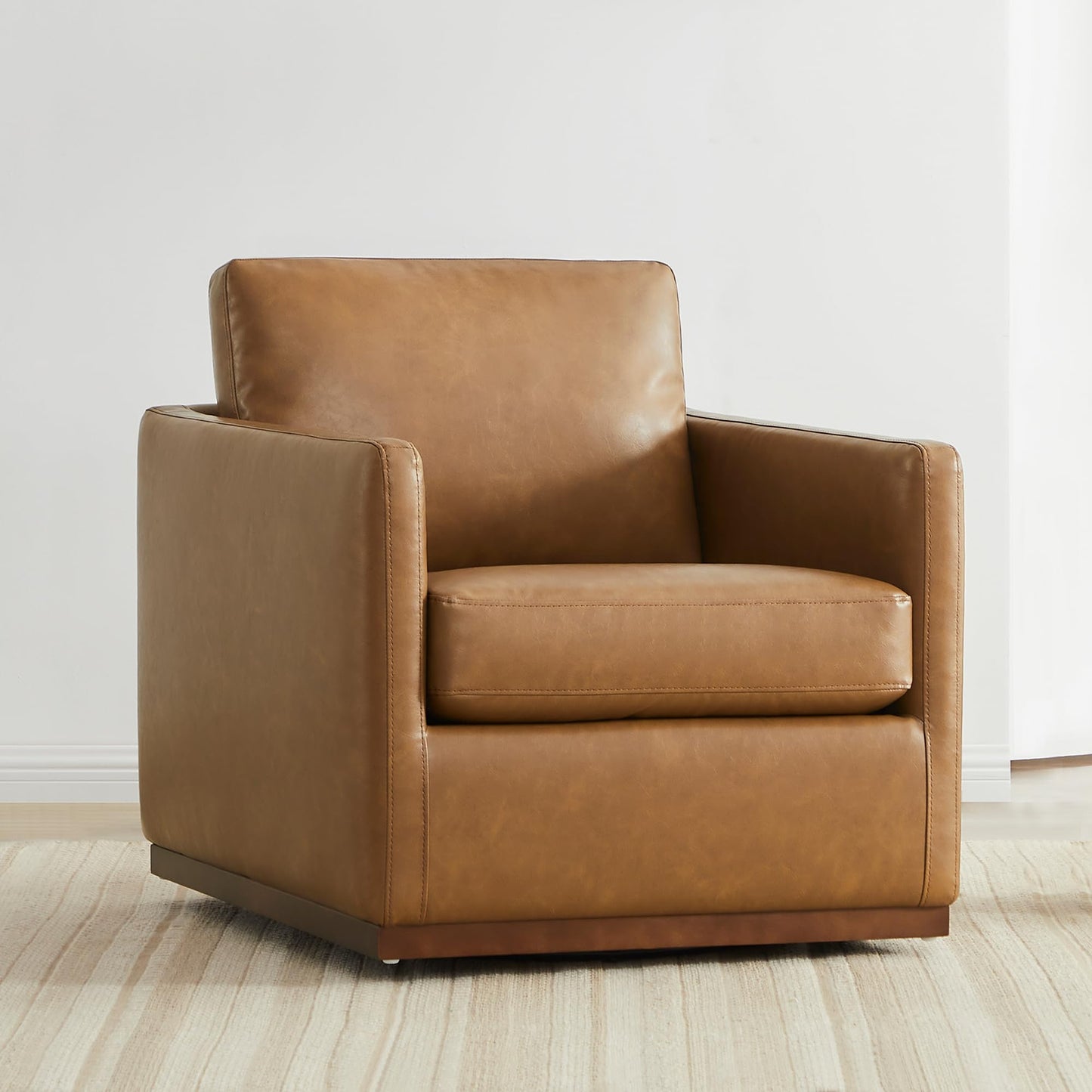 CHITA Genuine Leather Swivel Accent Chair, FSC Certified Mid Century Modern Arm Chair for Living Room and Bedroom, Fully Assembled, Saddle