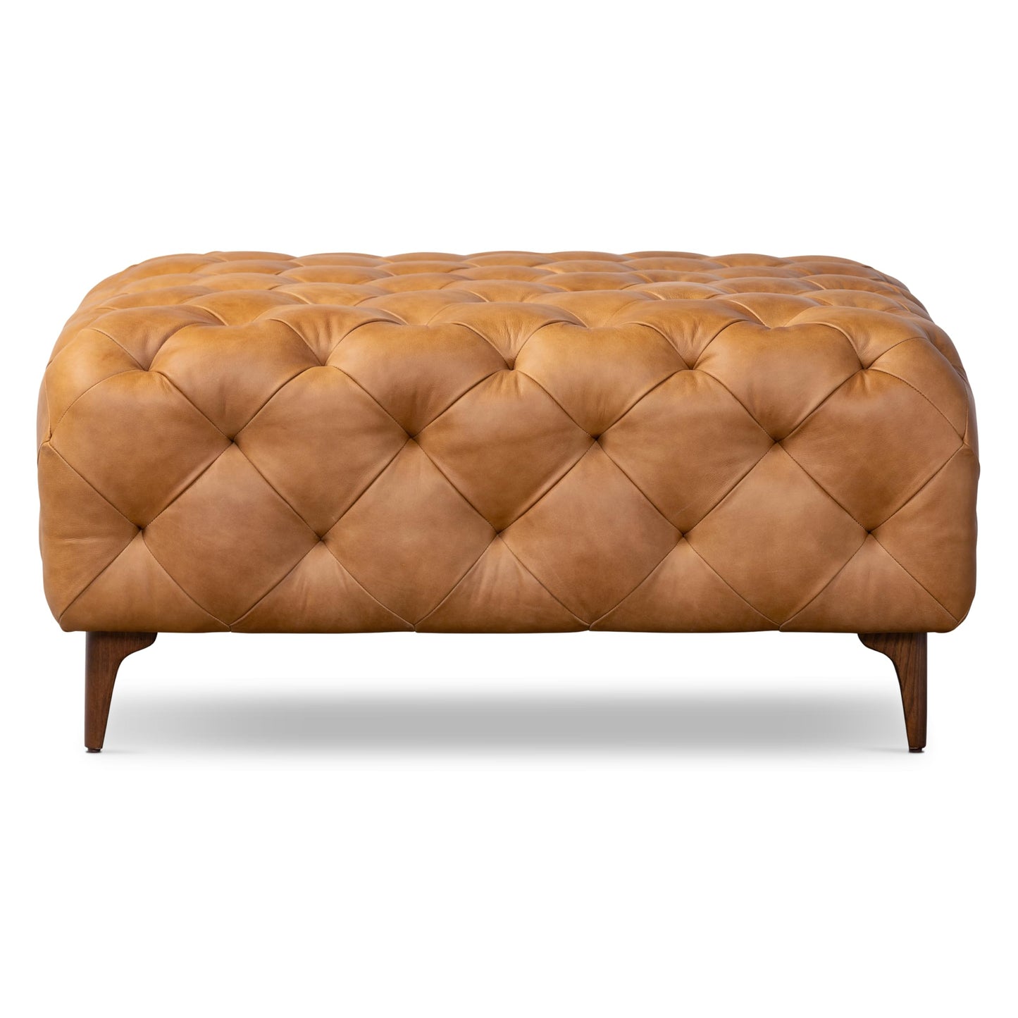 POLY & BARK Denver Ottoman – 43" Large Pouf with Feather-Down Topper – Full-Grain Leather Upholstered Pouf Ottoman for Living Room – Vintage Italian Leather in Cognac Tan