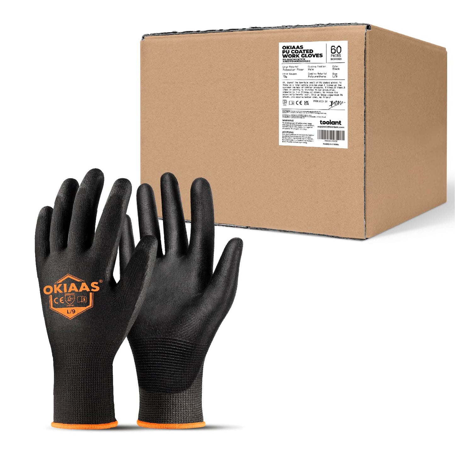 OKIAAS Work Gloves for Men,Ultra Thin and Lightweight Working Gloves with Grip,12 Pairs Bulk Pack Construction Gloves with Polyurethane Coating,Safety Gloves for Light Duty Work (Black, Large)