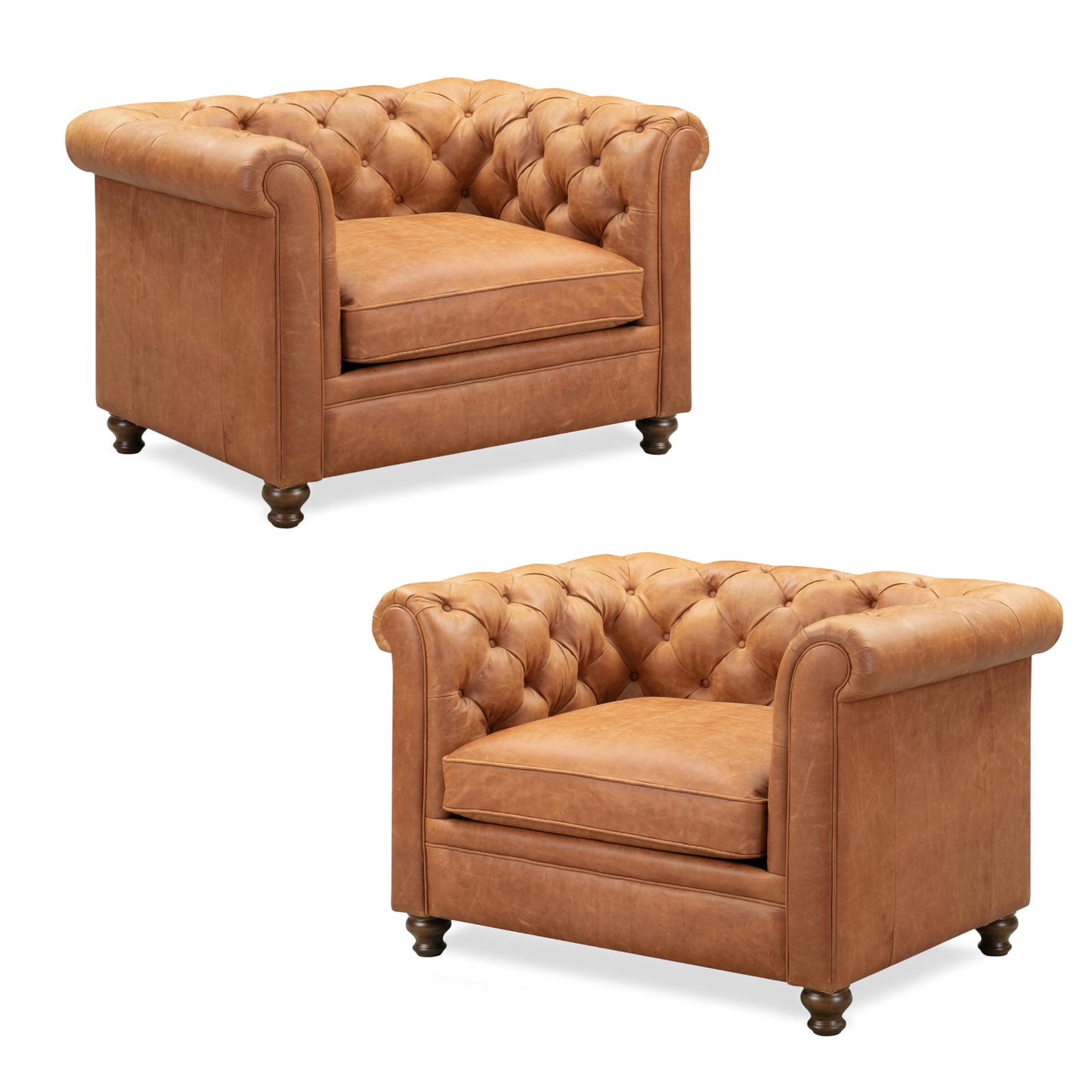Poly & BARK Rowan Lounge Chairs Set of 2 – Mid Century Modern Leather Armchairs with Ribbed Seat and Solid Ash Wood Frame, Cognac Tan