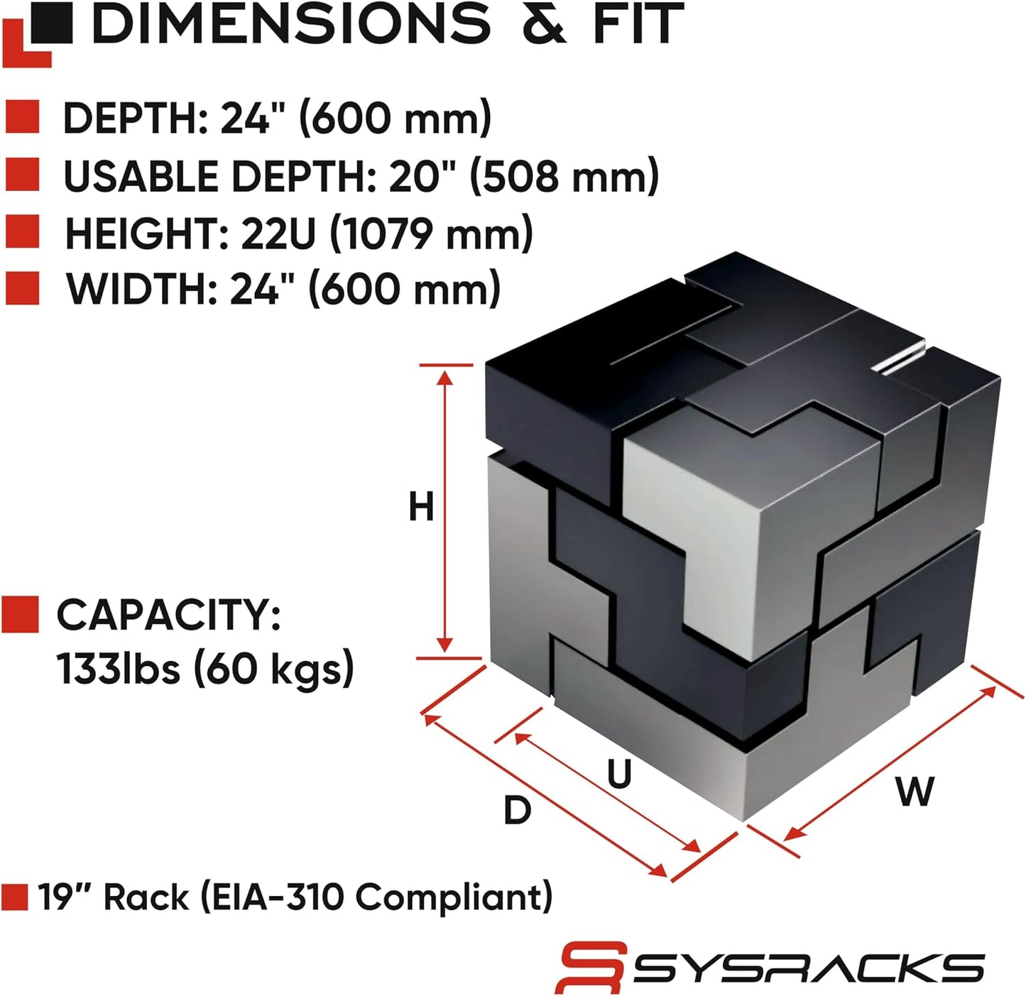 Sysracks 22U Wall Mount Server Rack Cabinet, 19” Enclosed Network & IT Rack, 24” Deep, Locking Mesh Door