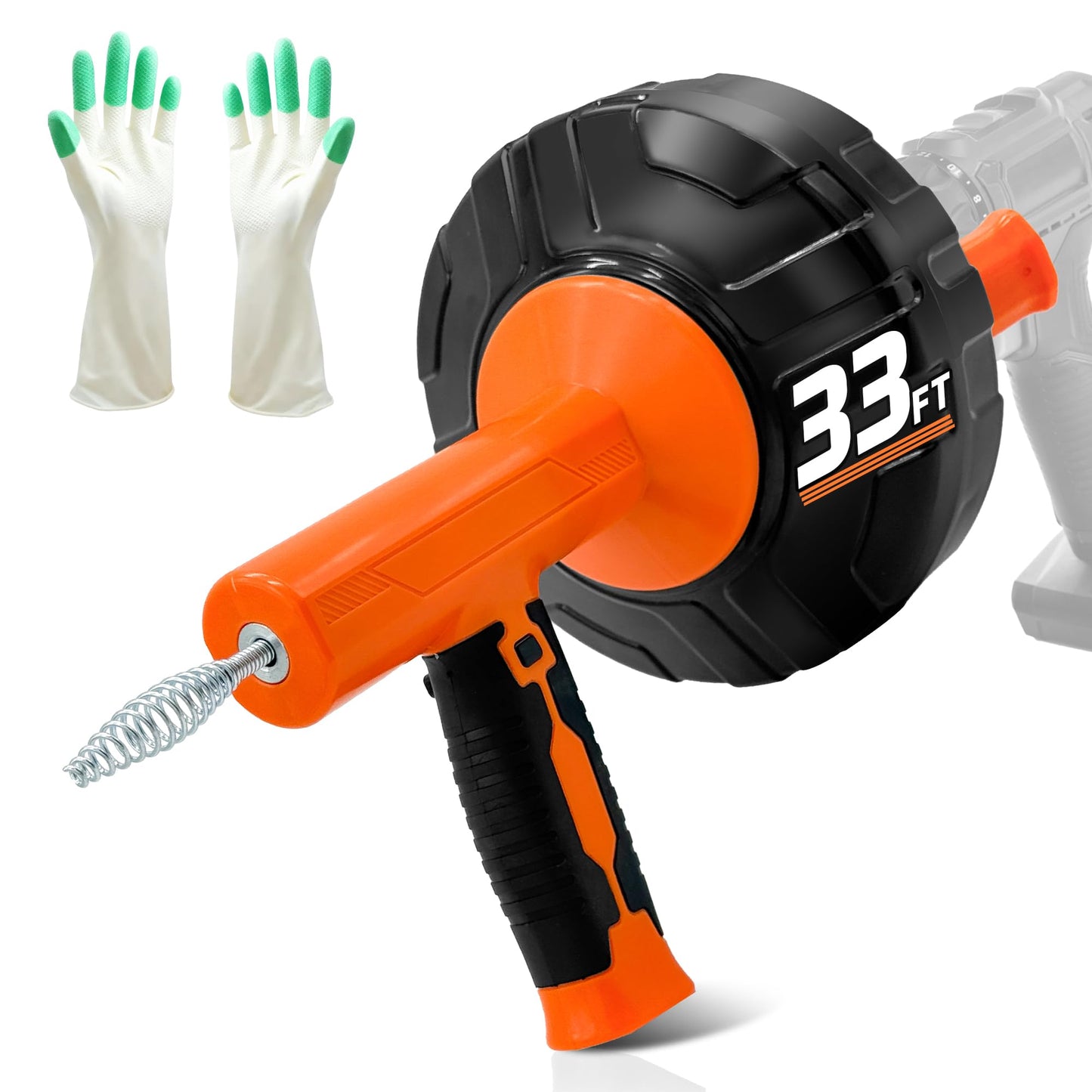Drainsoon Auto Feed Drain Auger with Drill Adapter, 33 Feet Drain Snake Hair Clog Remover, Manual or Powered Plumbing Snake Drain Cleaner for Bathroom, Shower, Kitchen Sink, Comes with Gloves