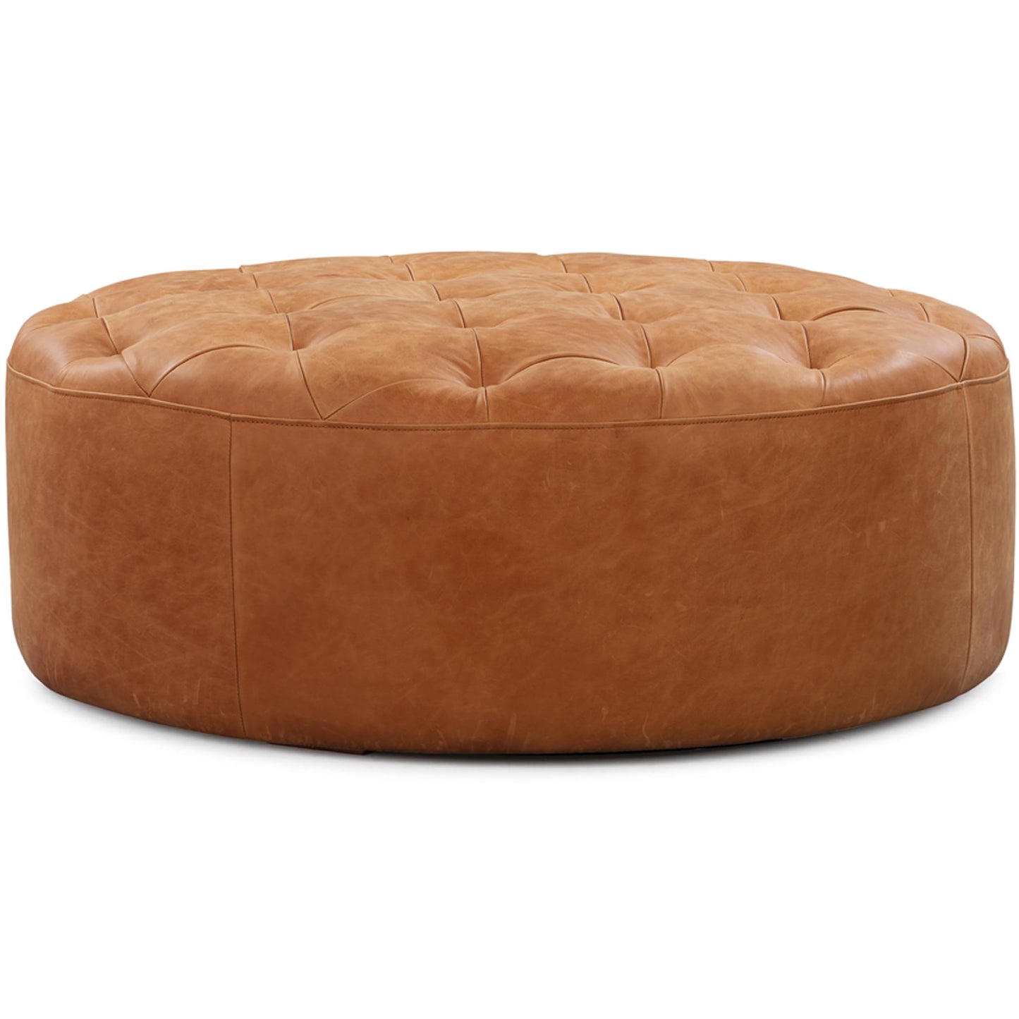POLY & BARK Denver Ottoman – 43" Large Pouf with Feather-Down Topper – Full-Grain Leather Upholstered Pouf Ottoman for Living Room – Vintage Italian Leather in Cognac Tan