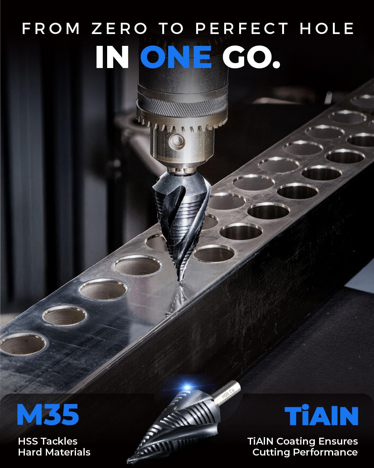 toolant Four Spiral Flute Cobalt Step Drill Bit(Pro), 1/4"-3/4" Impact Ready Unibit Step Drill Bit, 1/4" Hex Shank Step Bits for Metal, Stainless Steel, Aluminum, Plastic