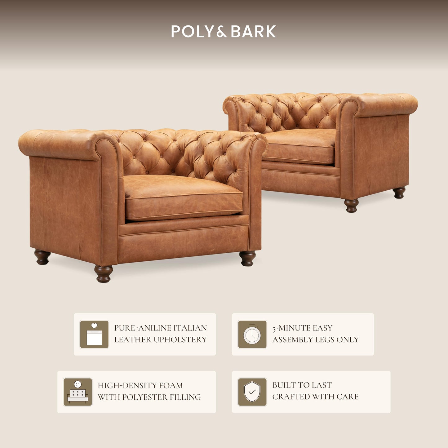 Poly & BARK Rowan Lounge Chairs Set of 2 – Mid Century Modern Leather Armchairs with Ribbed Seat and Solid Ash Wood Frame, Cognac Tan