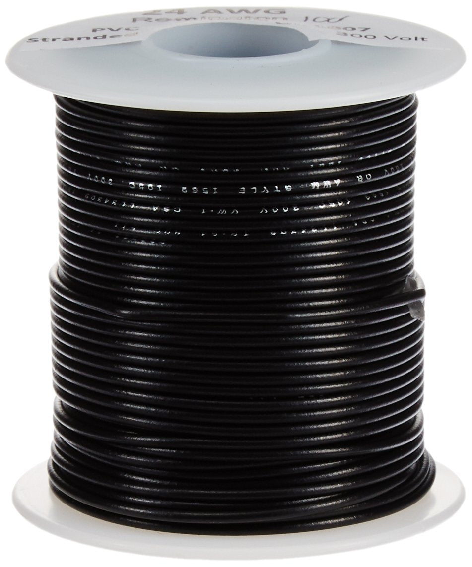 24 AWG Gauge Stranded Hook Up Wire, 100 ft Length, Black, 0.0201" Diameter, UL1007, 300 Volts