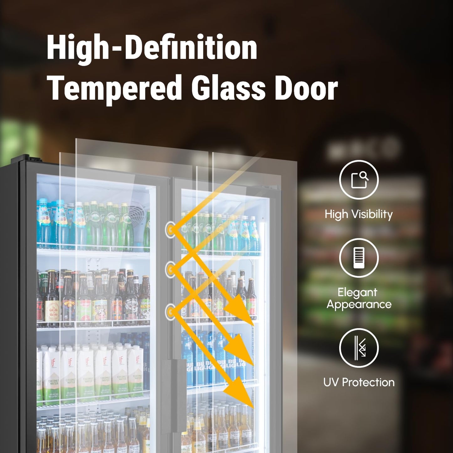 Yeego Commercial Refrigerators - 27.1 Cu.Ft 2 Glass Doors Commercial Beverage Refrigerator with LED Light & Adjustable Shelves, 32-50°F Commercial Cooler for Stores Bakery Bar Offices Restaurants
