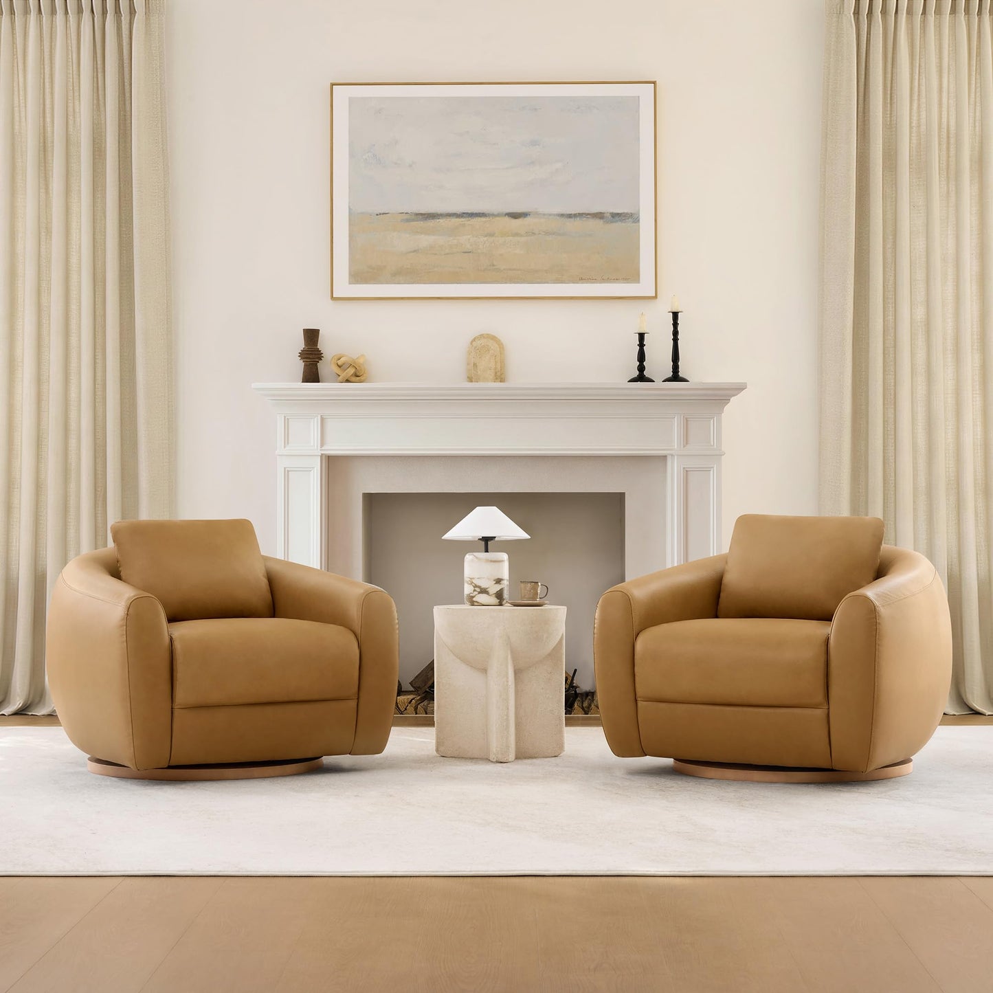 CHITA Genuine Leather Swivel Accent Chair, FSC Certified Mid Century Modern Arm Chair with Wood Base for Living Room and Bedroom, Fully Assembled, Sand