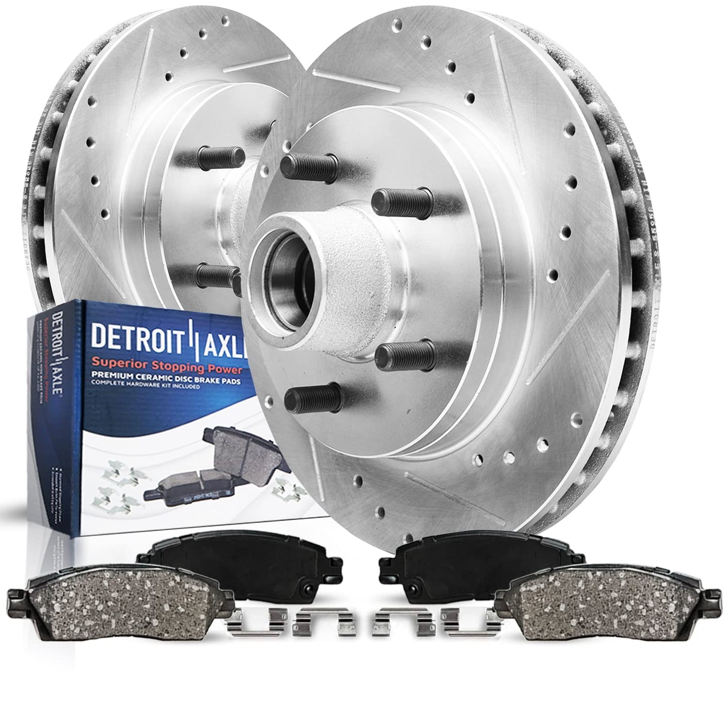 Detroit Axle - Front Brake Kit for Chevy GMC Silverado Sierra Suburban Express Savana 1500 Tahoe Yukon XL Escalade ESV EXT XTS Drilled & Slotted Brake Rotors Ceramic Brakes Pads : 12.99'' inch Rotor