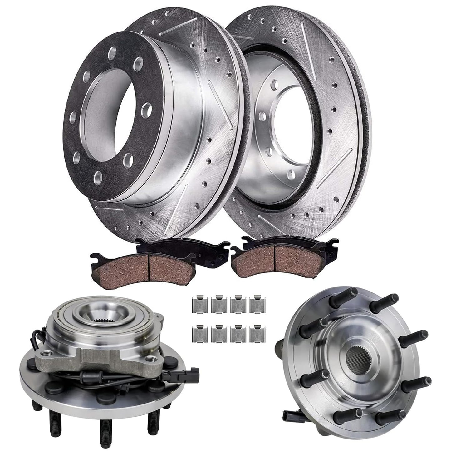 Detroit Axle - Front Brake Kit for Chevy GMC Silverado Suburban Sierra Savana Express 1500 Tahoe Yukon XL Cadillac Escalade ESV EXT Drilled Slotted Disc Brake Rotors Ceramic Brakes Pads Replacement