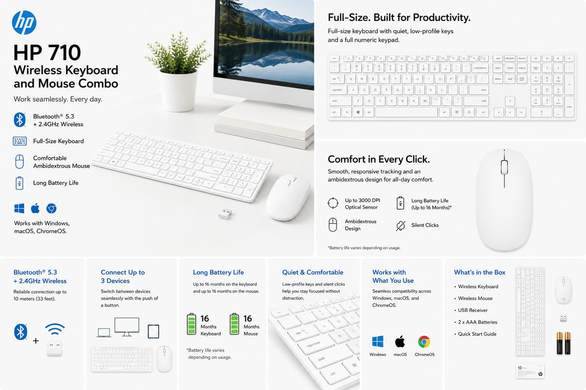 HP 710 Wireless Keyboard and Mouse Combo, Slim Design with Silent Keys, 2.4GHz Lag-Free Connection, Multi-OS Compatible (Windows, Mac, Chrome) Black