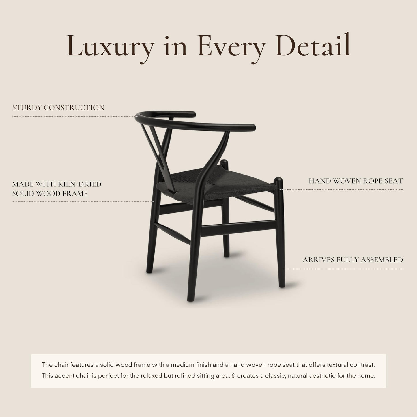 POLY & BARK Weave Dining Chair – Mid-Century Modern Wishbone Dining Chair with Arms, Solid Wood Frame, Indoor Use – Black – Single - Ideal for Dining Room, Kitchen or Stylish Accent Setting