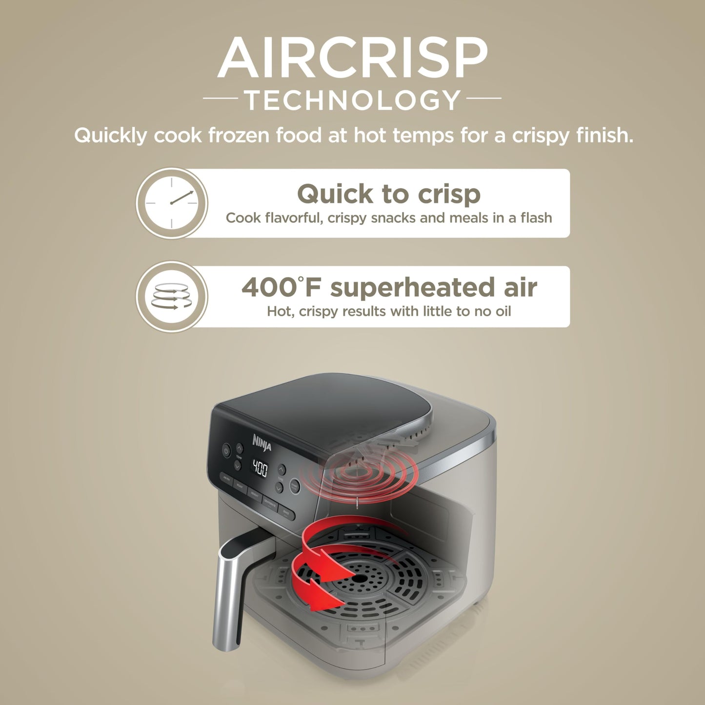 Ninja Air Fryer with Air Crisp | 5 QT Capacity fits up to 4lbs of Fries | 4-in-1 Pro Air Fry, Roast, Reheat, Dehydrate | 400°F Max Temp | 1750 Watts | W/Nonstick Basket & Crisper Plate | Grey | AF141