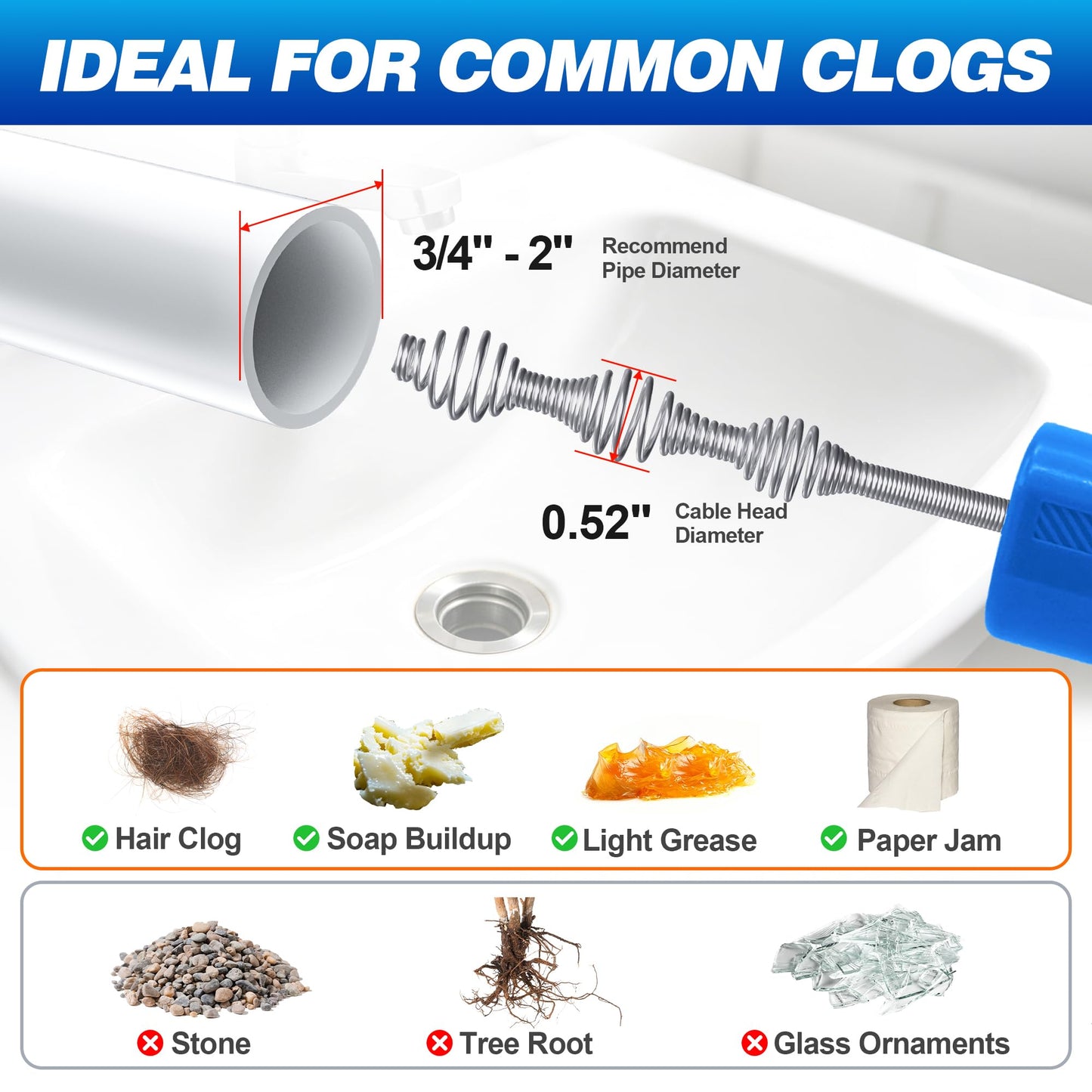 Drainsoon Auto Feed Drain Auger with Drill Adapter, 33 Feet Drain Snake Hair Clog Remover, Manual or Powered Plumbing Snake Drain Cleaner for Bathroom, Shower, Kitchen Sink, Comes with Gloves