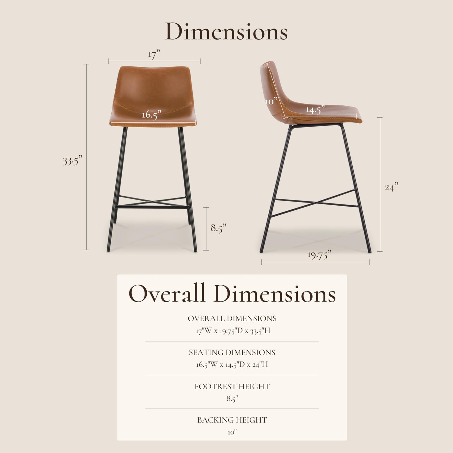 POLY & BARK Paxton Leather Counter Stools 24 Inches – Set of 2 - Counter Height Bar Stools with Back – Modern Barstools for Kitchen Island or Counters – Faux Leather & Matte Black Steel Base – Tan