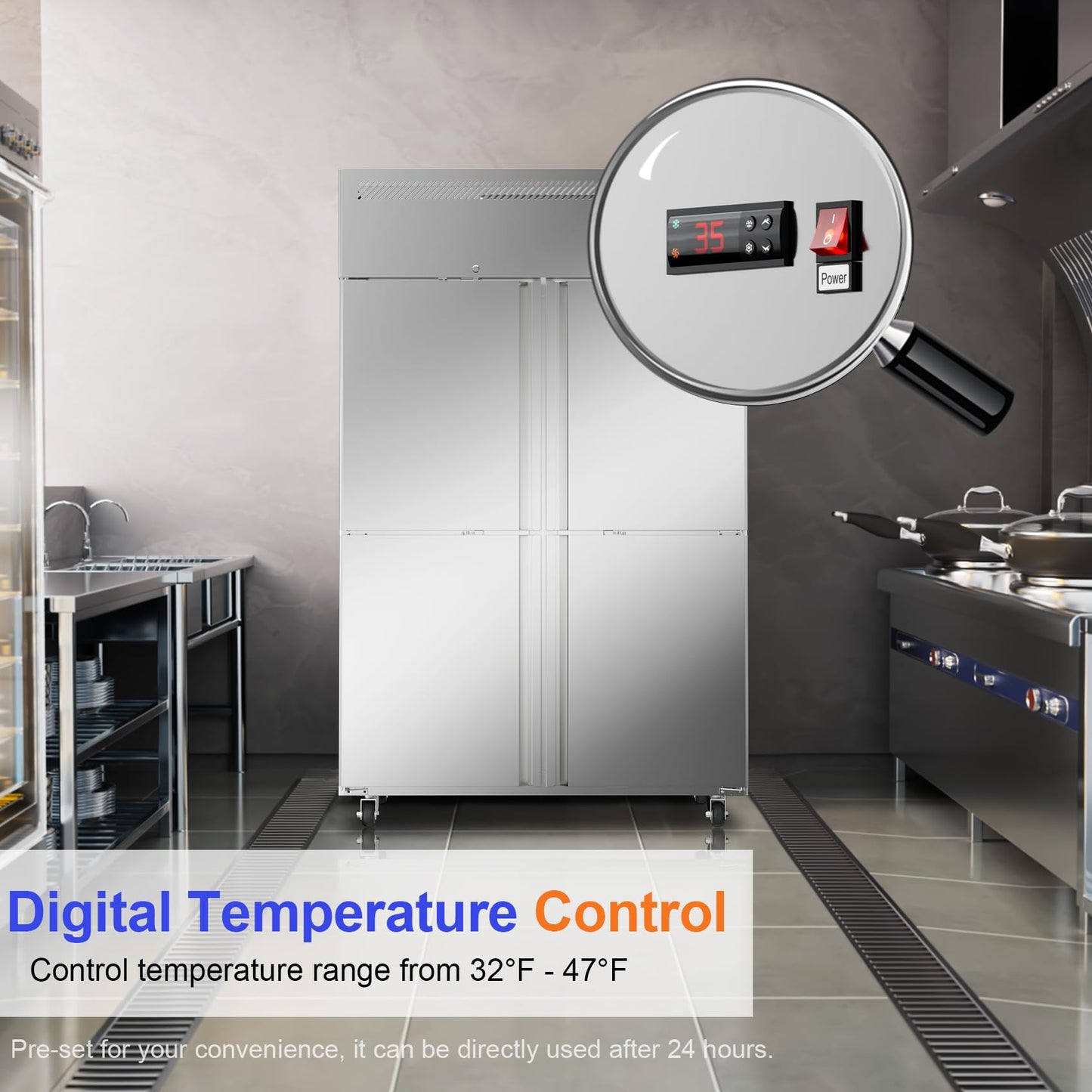 48" W 4 Door Commercial Refrigerator, 36 Cu.ft Stainless Steel Industrial Fridge (32℉~47℉) with 8 Adjustable Shelves, Lockable Door, Wheels, Auto-Defrost for Restaurant, Kitchen, Shop