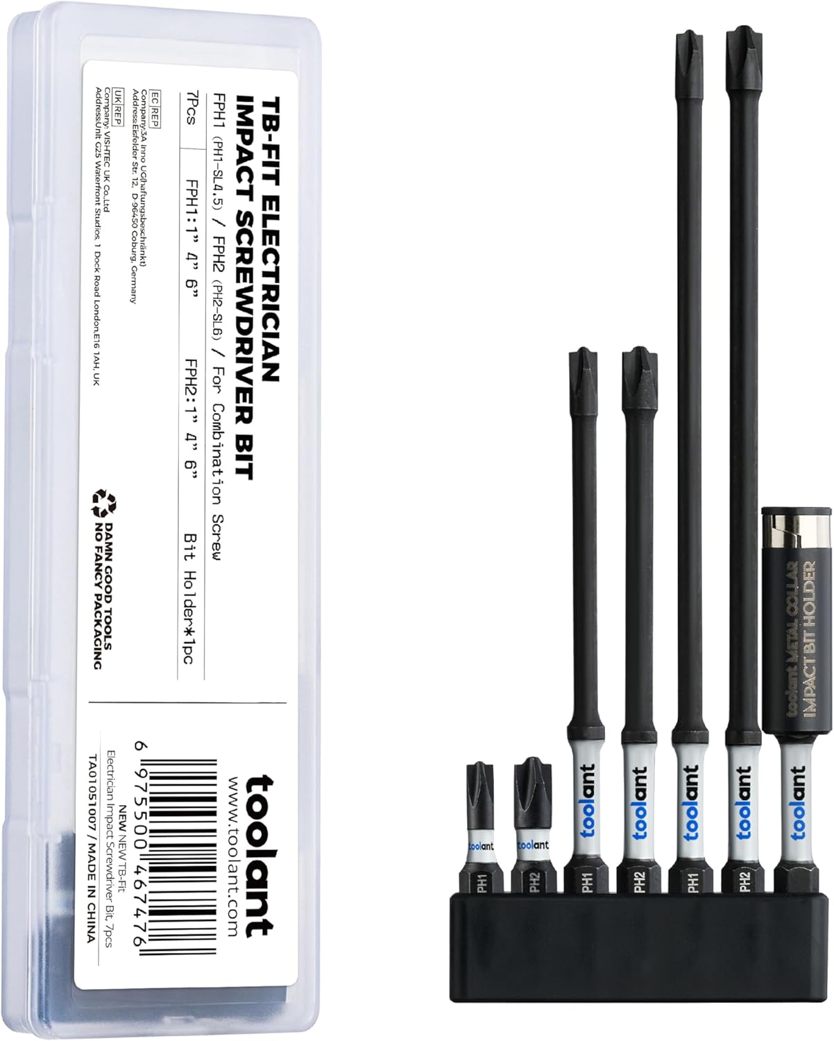 toolant 7pcs TB-Fit Electrician Impact Screwdriver Bit Set, FPH1（PH1-SL4.5）FPH2（PH2-SL6）Screwdriver Bit Set, 1/4” Hex-Shank S2 Steel, CNC Machined Tips with Magnetism,