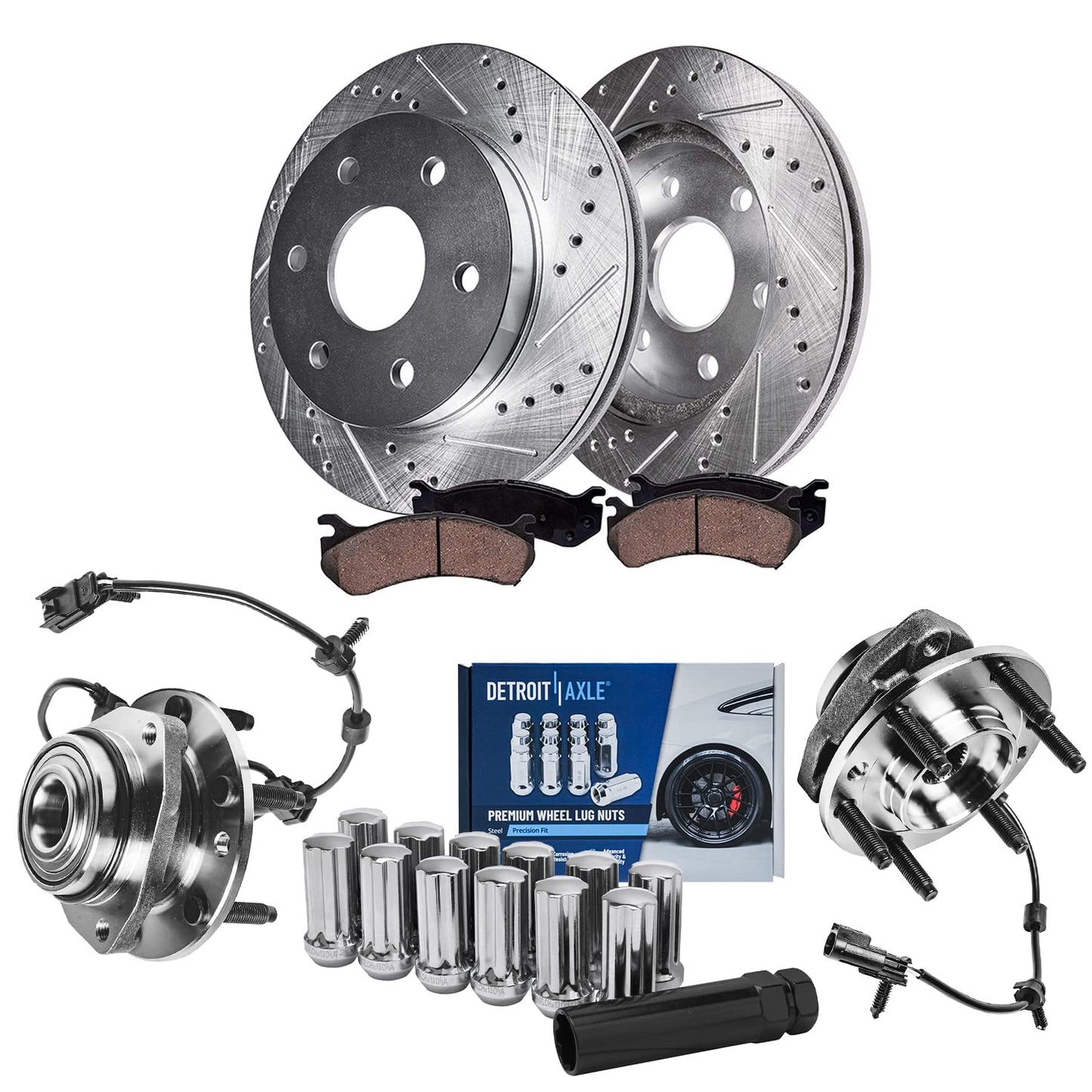 Detroit Axle - Brake Kit for 2012-2020 Ford F-150 Drilled & Slotted Brake Rotors and Ceramic Brakes Pads 2013 2014 2015 2016 2017 2018 2019 Front and Rear Replacement
