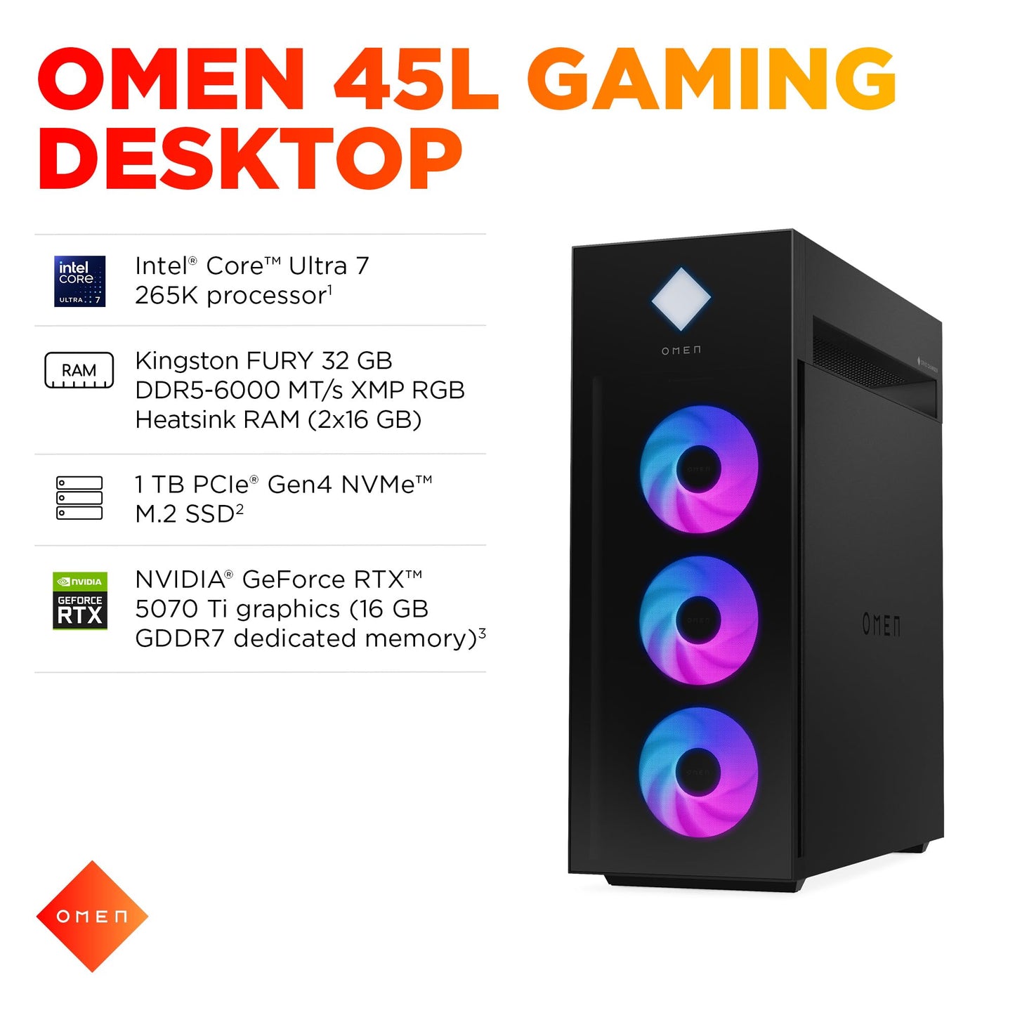 HP OMEN 45L Gaming Desktop, Intel Core Ultra 7 265K, 32 GB RAM, 1 TB SSD, NVIDIA GeForce RTX 5070 Ti, Windows 11 Pro, Microsoft Copilot, Tempered Glass, GT22-3060 (2025)