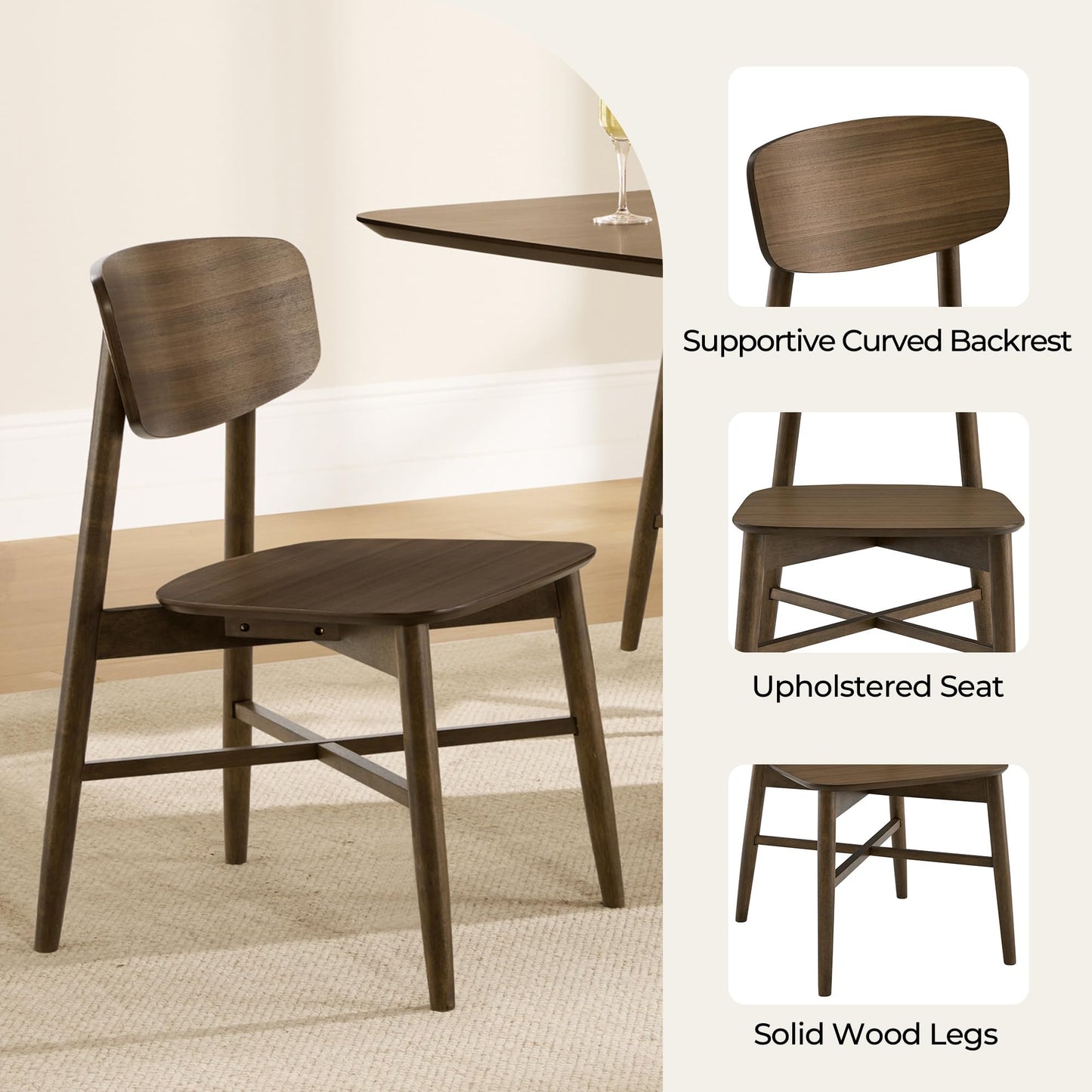 CHITA Soild Wood Dining Chairs Set of 4, Mid Century Modern Walnut Wood Kitchen Chairs with Curved Backrest, Dining Room Chair for Kitchen, Restaurant
