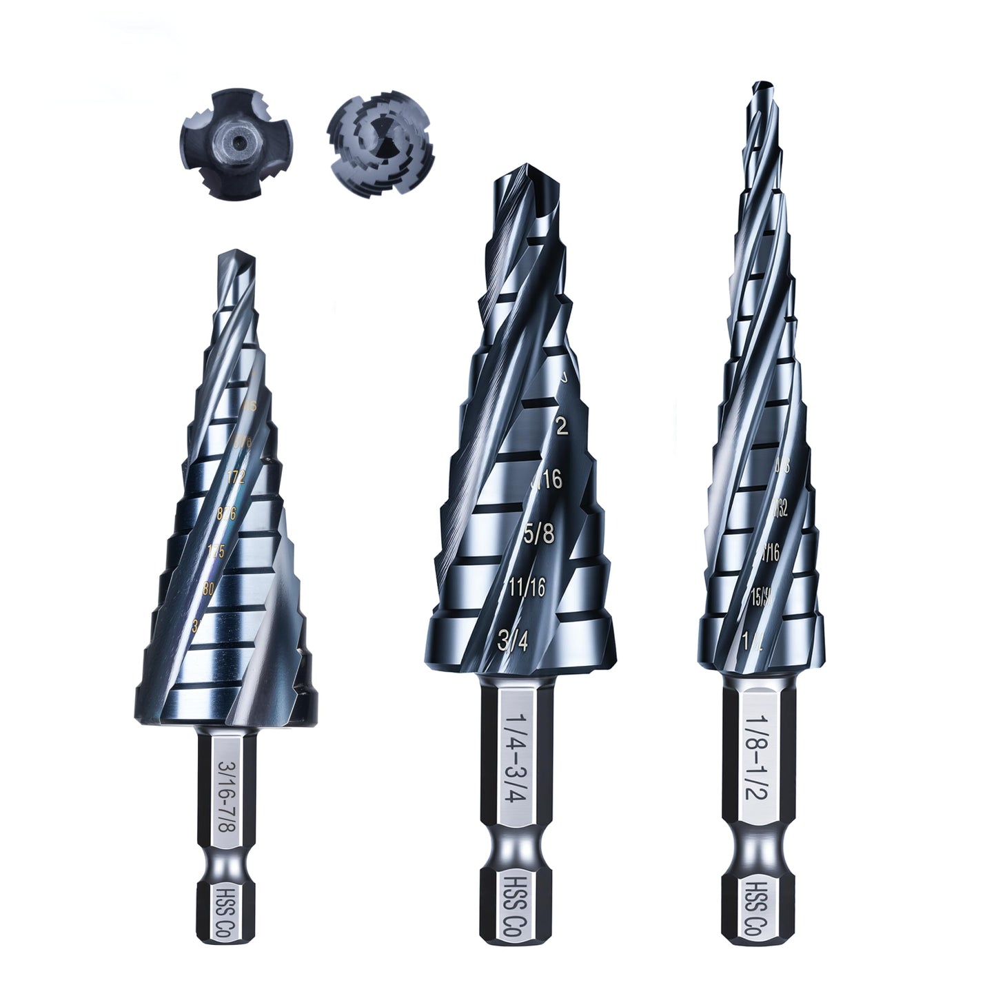 toolant Four Spiral Flute Cobalt Step Drill Bit(Pro), 1/4"-3/4" Impact Ready Unibit Step Drill Bit, 1/4" Hex Shank Step Bits for Metal, Stainless Steel, Aluminum, Plastic
