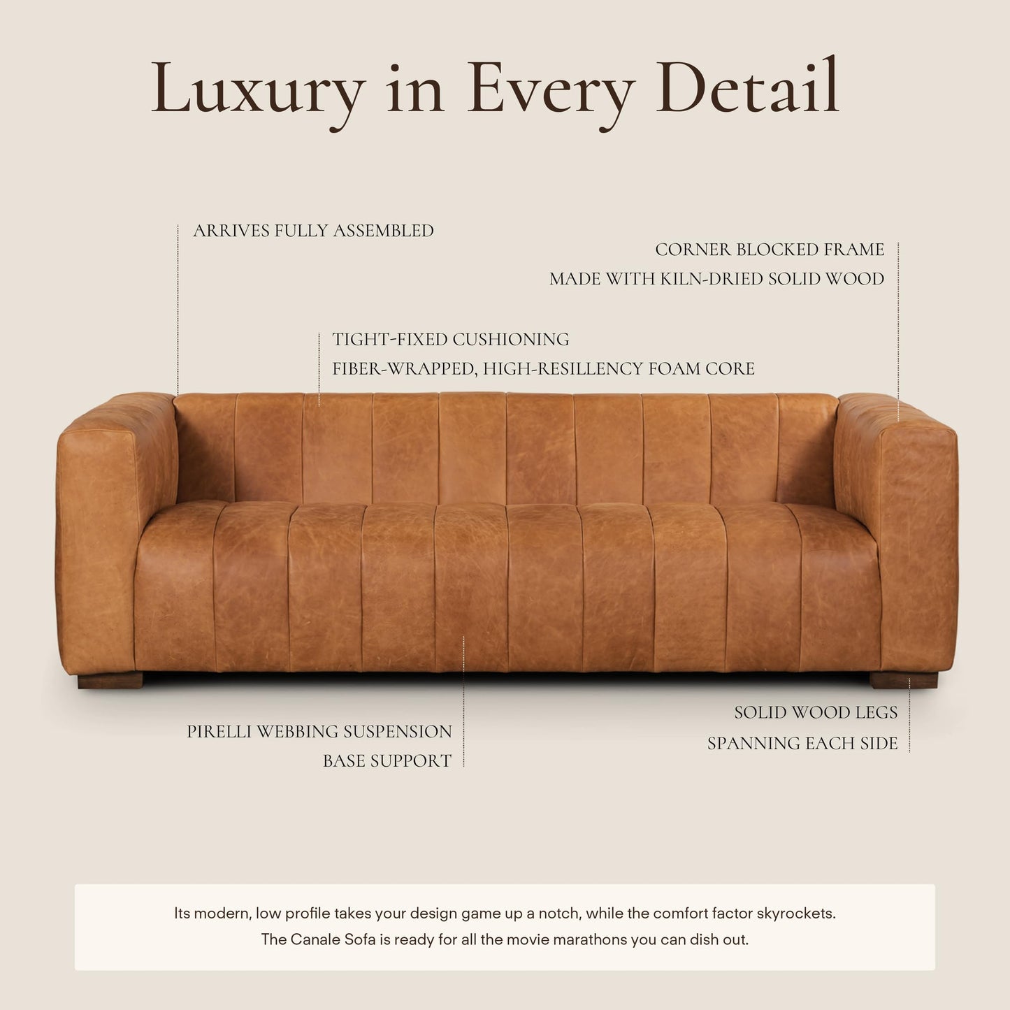 POLY & BARK Sorrento 86" Sofa – Cognac Tan Full-Grain Pure-Aniline Italian Leather, Feather-Down Cushions, Solid Wood Frame & Walnut Legs