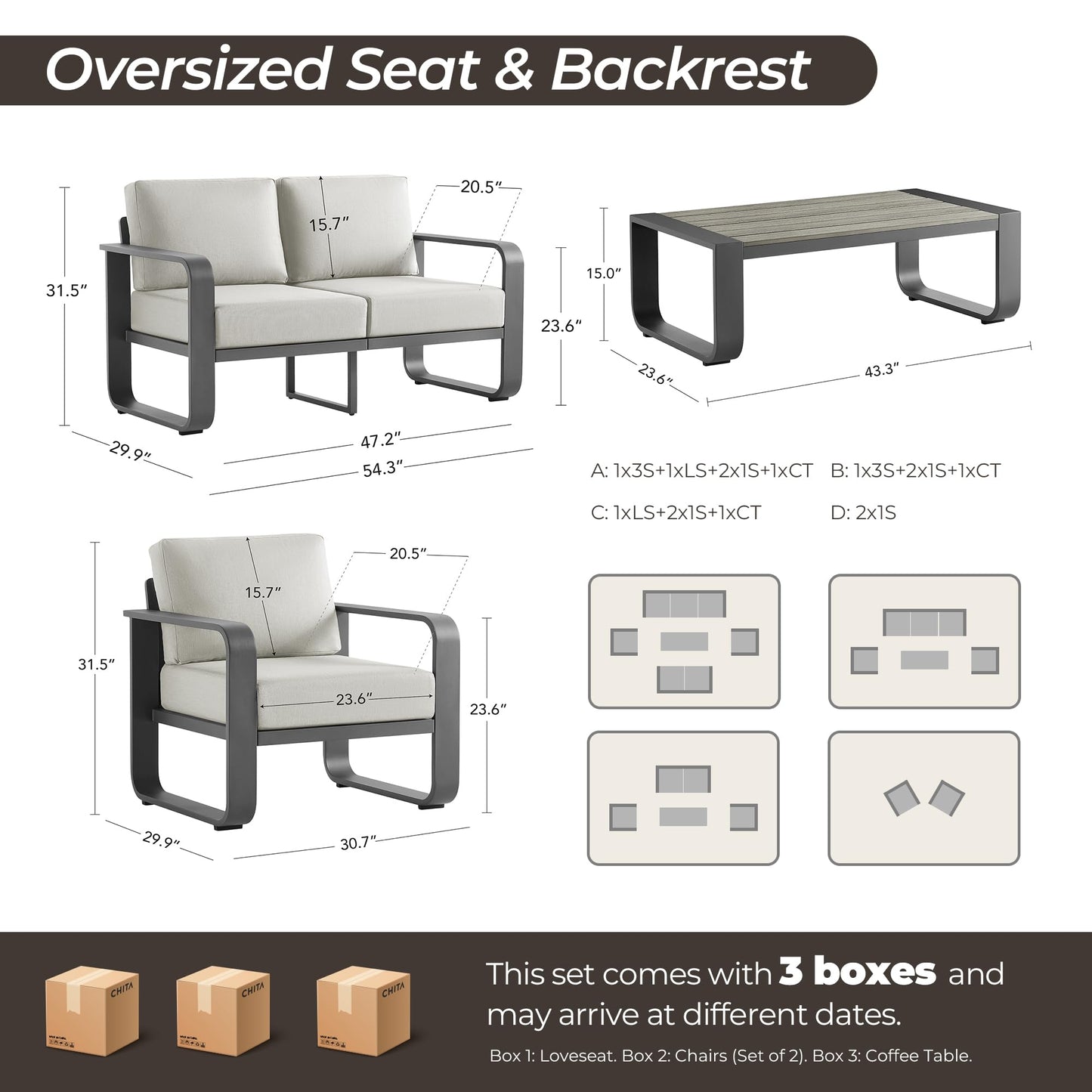 CHITA Outdoor Furniture Set 4 Piece, 5-Seats Patio Conversation Set with 6.3in Thick Cushions & 100% Aluminum Frame & Coffee Table, Modern Outdoor Patio Furniture Sofa Set for Poolside, Deck, Balcony