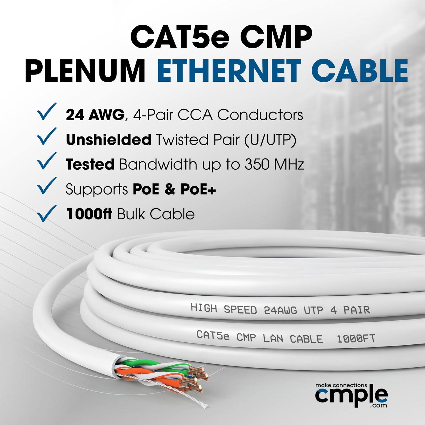 Cmple - Cat5e Plenum Cable 1000ft, CMP, Blue 350MHz Gigabit Ethernet Solid Network Internet Bulk UTP