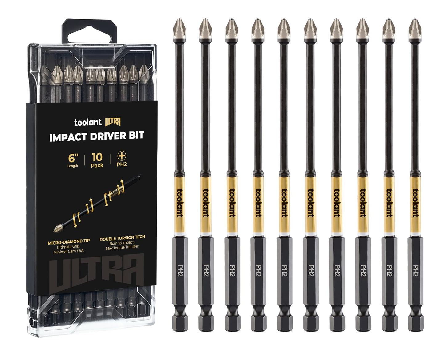 toolant Phillips Impact Screwdriver Bit Set 6 Inch PH2, 2 Pack Magnetic Anti Slip CNC Machined Tips Impact Steel X2 Driver Bit Set for Impact Driver