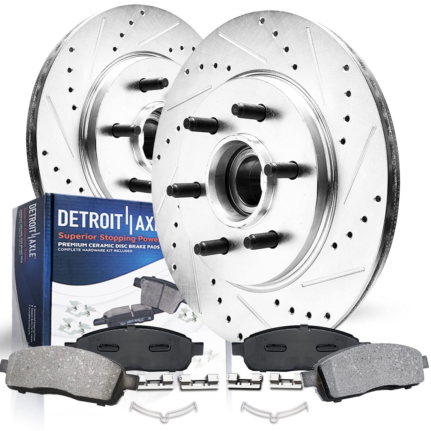 Detroit Axle - Front Brake Kit for 2006-2018 Dodge Ram 1500, 07-09 Durango Chrysler Aspen, 2019-2024 Ram 1500 Classic, Drilled and Slotted Disc Brake Rotors Ceramic Brakes Pads Replacement
