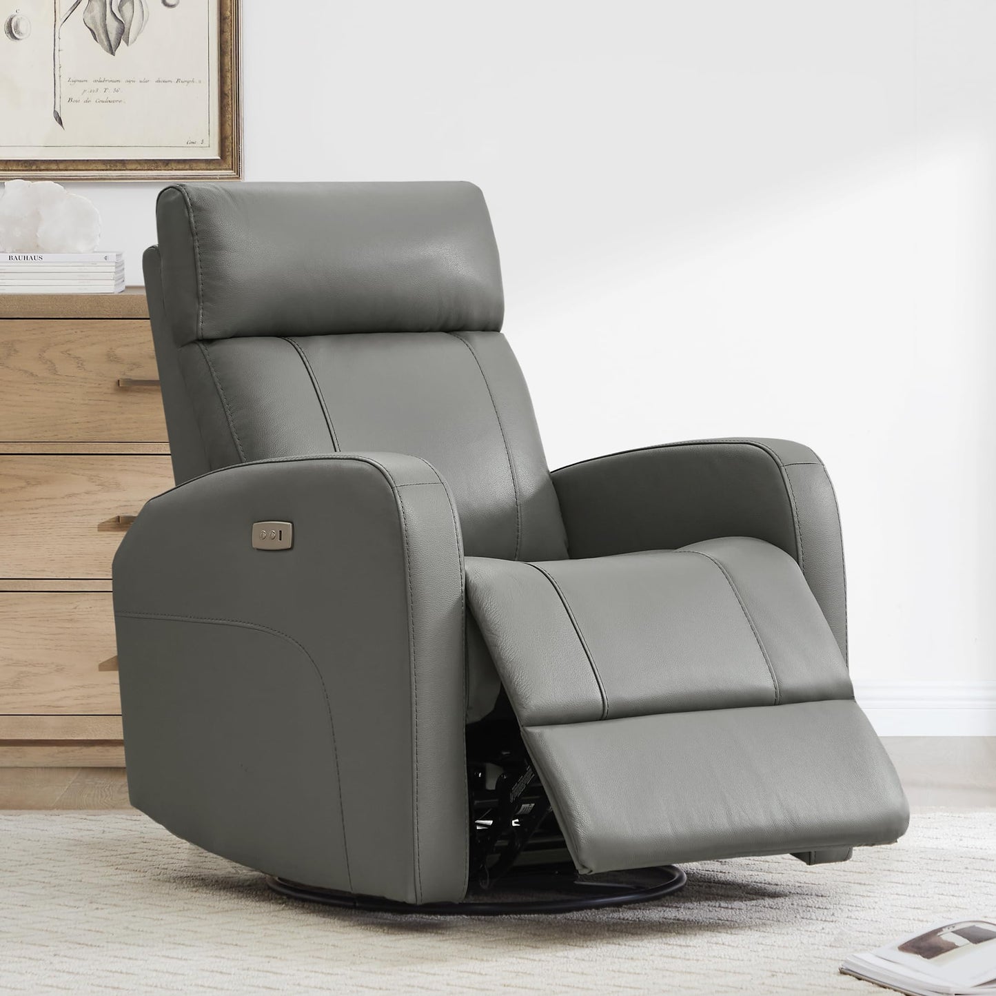 CHITA Genuine Leather Power Recliner Chair for Adults, FSC Certified Electric Nursery Swivel Glider for Living Room, Camel Brown