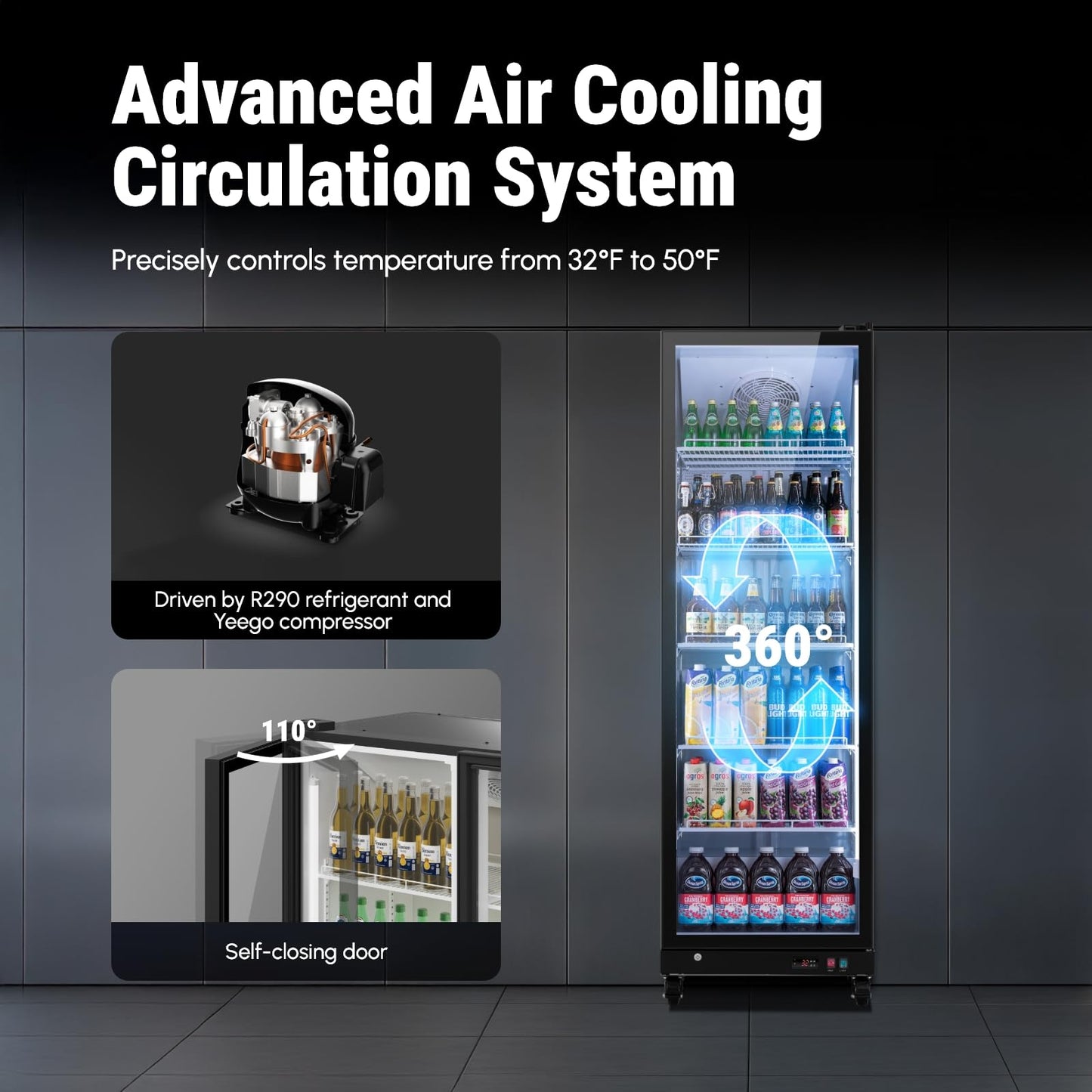 Yeego Commercial Refrigerators - 27.1 Cu.Ft 2 Glass Doors Commercial Beverage Refrigerator with LED Light & Adjustable Shelves, 32-50°F Commercial Cooler for Stores Bakery Bar Offices Restaurants