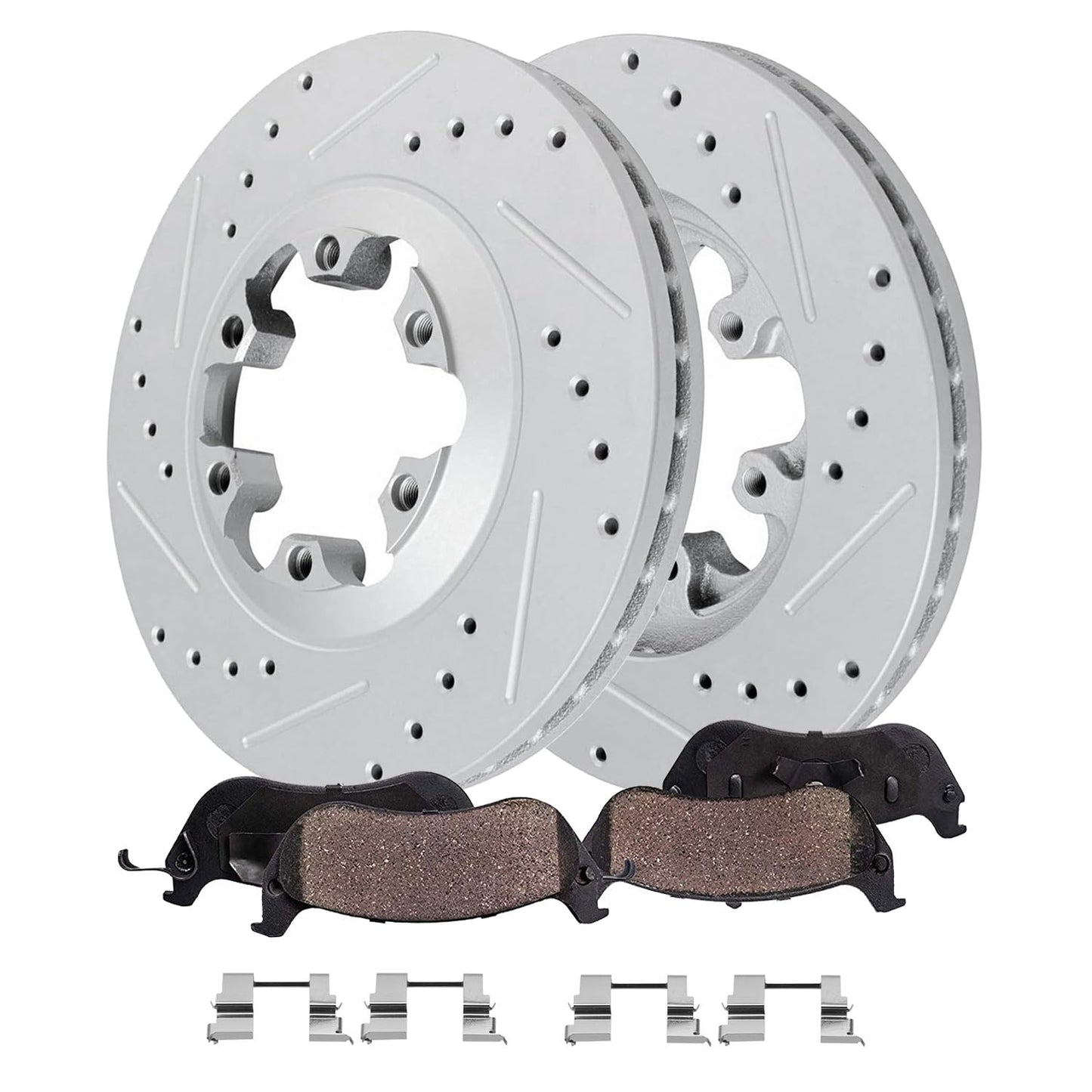 Detroit Axle - Front Brake Kit for Chevy GMC Silverado Sierra Suburban Express Savana 1500 Tahoe Yukon XL Escalade ESV EXT XTS Drilled & Slotted Brake Rotors Ceramic Brakes Pads : 12.99'' inch Rotor