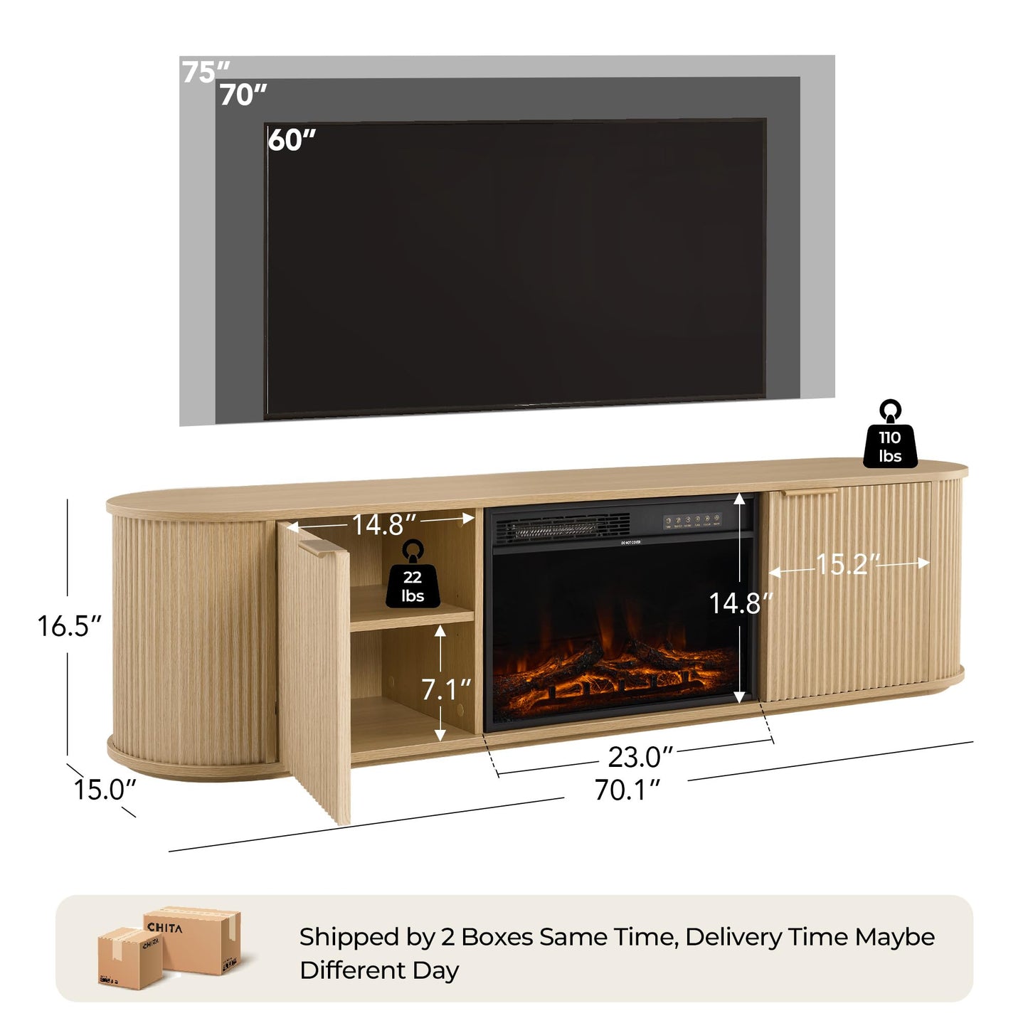 CHITA 70" Fluted TV Stands for Living Room for TVs Up to 80", Mid Century Modern Entertainment Center with Drawers, TV Console for Living Room with Storage and Adjustable Shelves, Walnut
